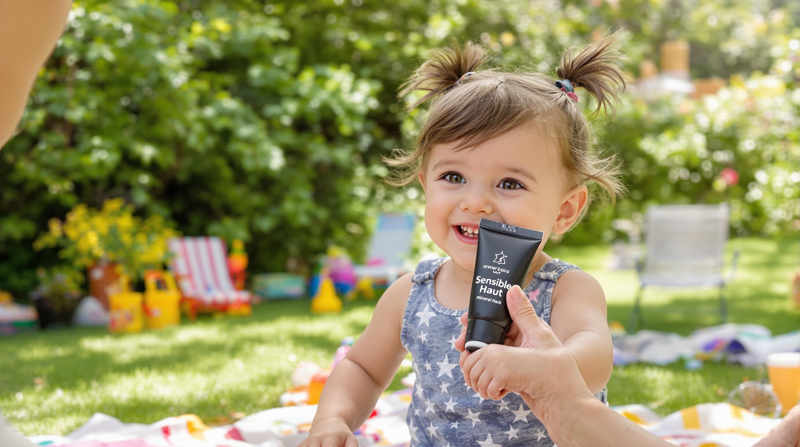 Parent applies mineral sunscreen to toddler outdoors, sensitive skin care