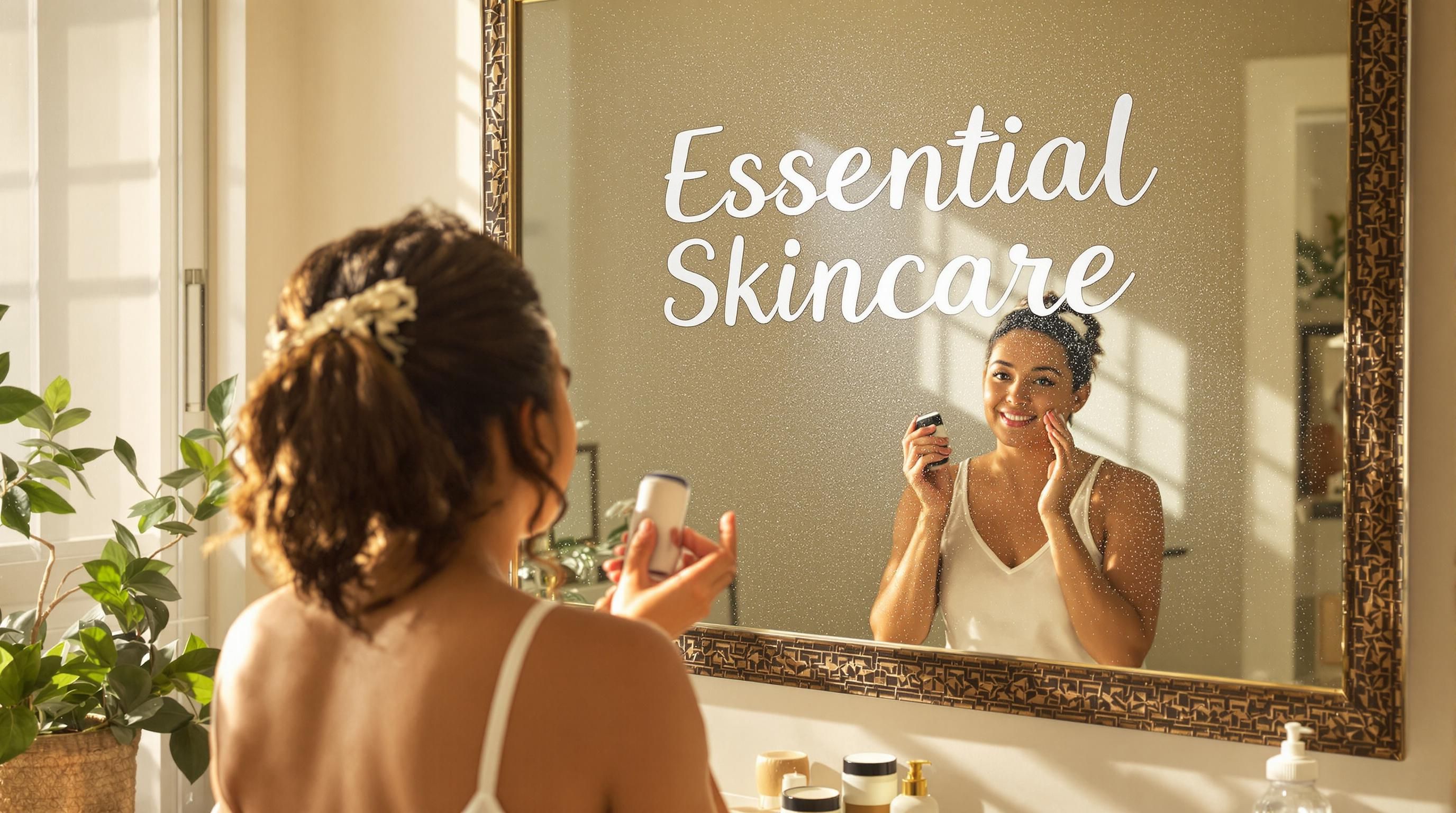 Diverse people applying moisturizer in bright bathroom with 'Essential Skincare' on mirror