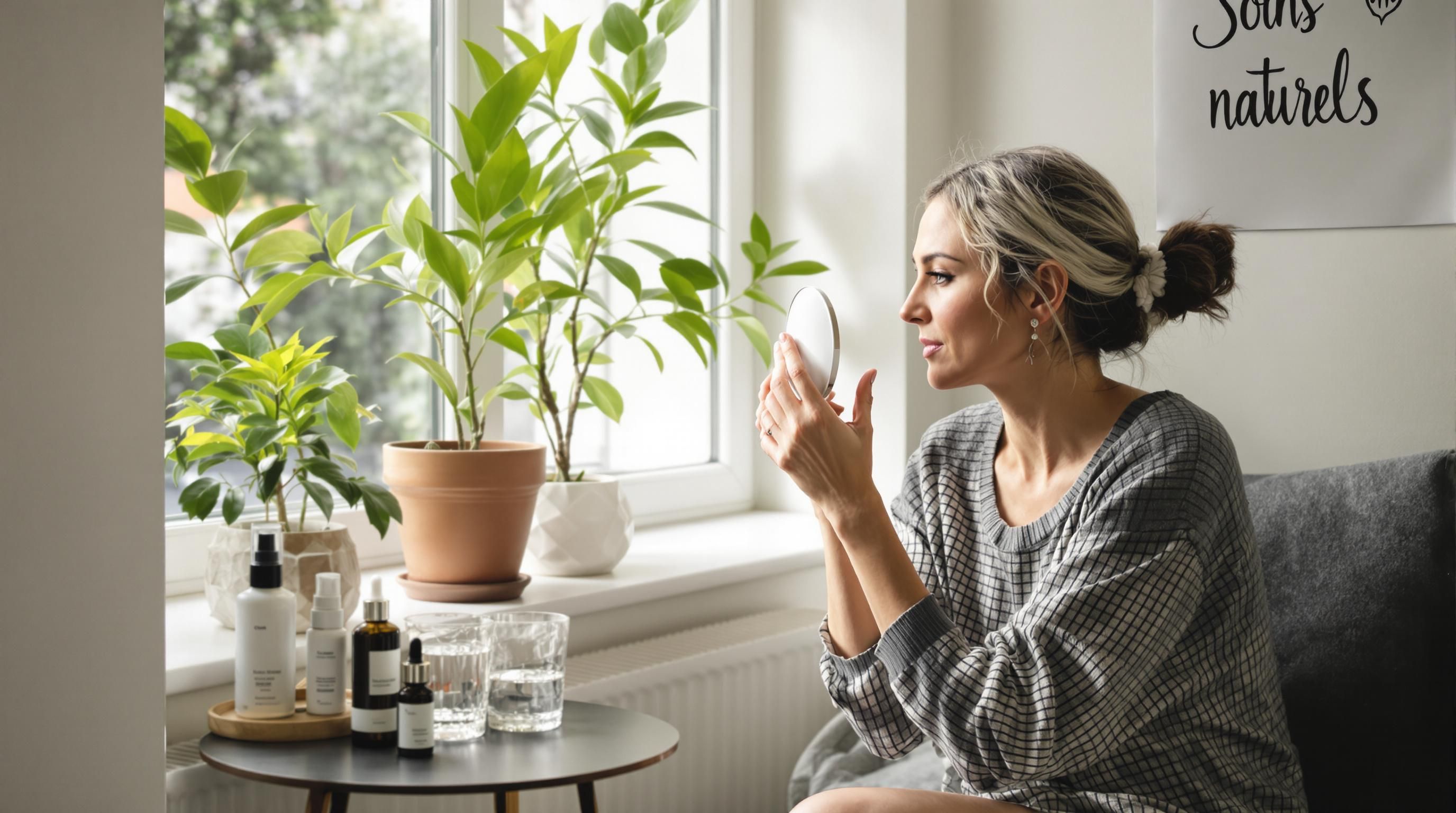 Woman checks forehead skin in mirror in sunlit home with skincare products and natural text poster