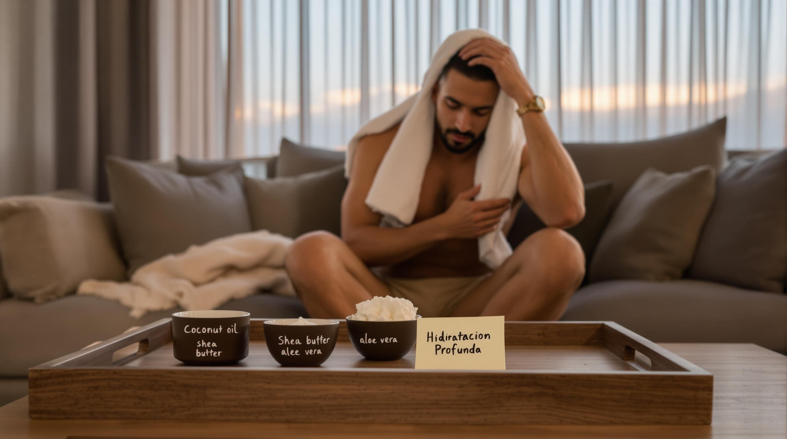 Mann massiert Kokosöl zu Hause in die Kopfhaut ein