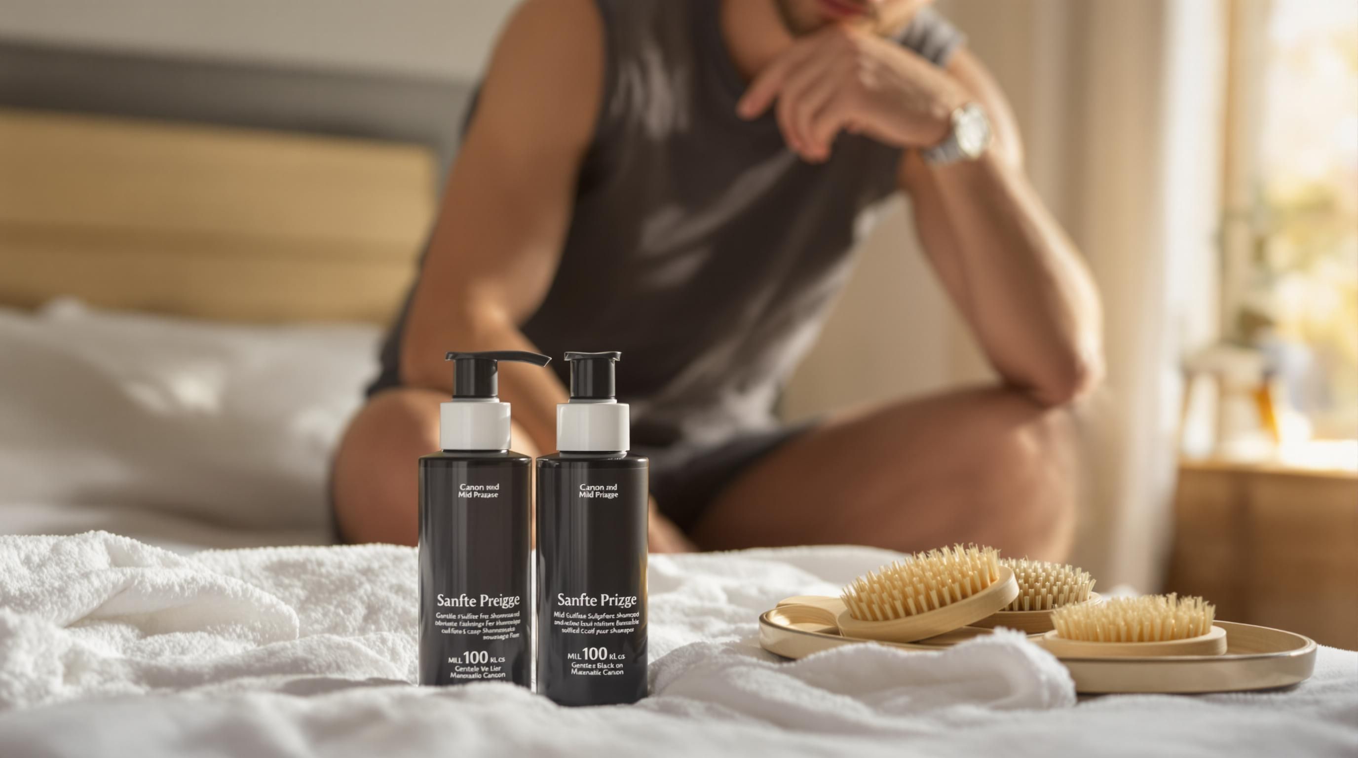 Mann massiert die Kopfhaut mit sanftem Shampoo und Pflegeprodukten