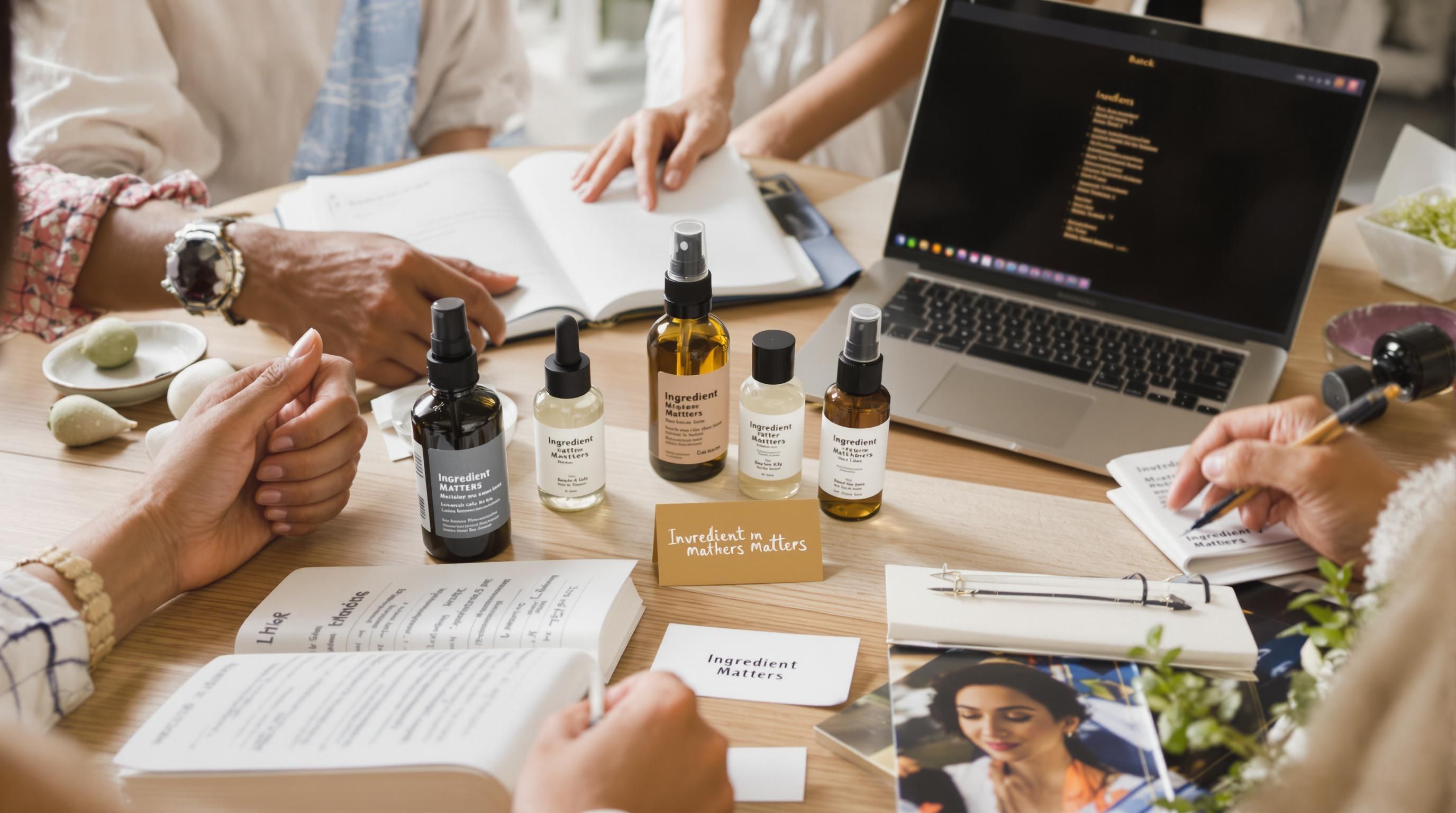 Friends analyzing skincare labels with 'Ingredient Matters' card