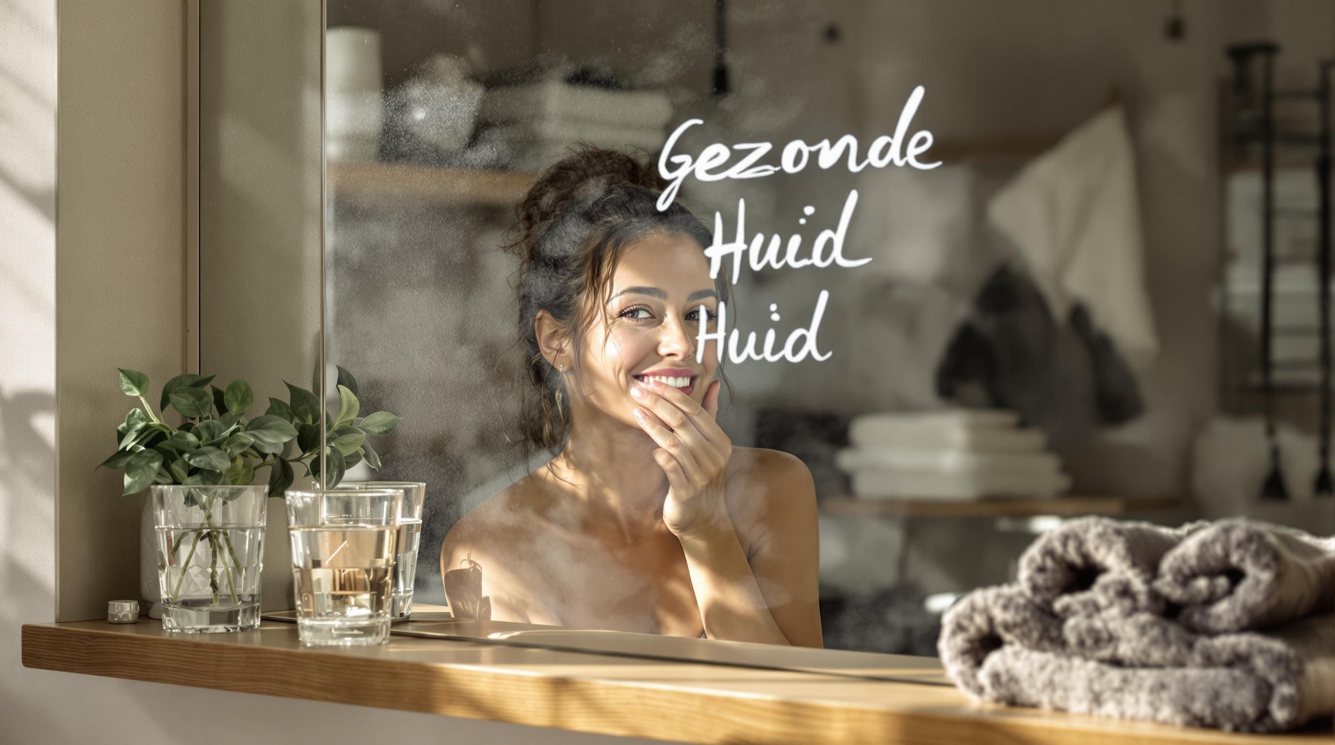 Niederländische Frau trägt Feuchtigkeitscreme in einem sonnenbeschienenen Badezimmer auf, 