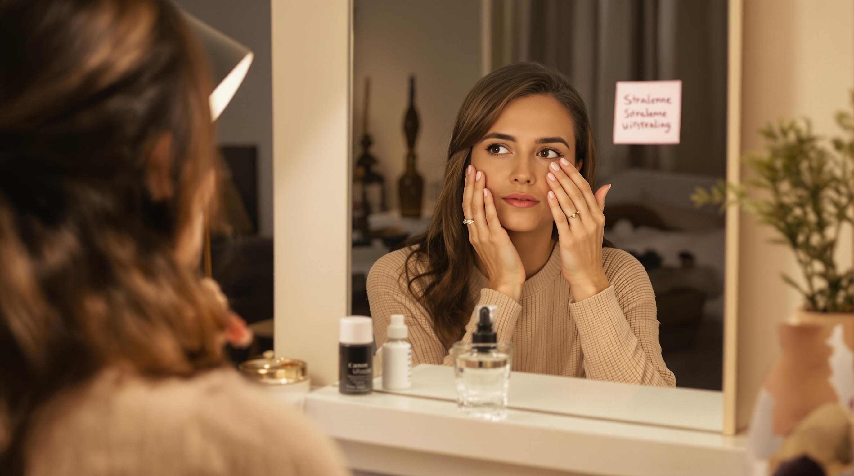 Woman checking under-eye area, sticky note 