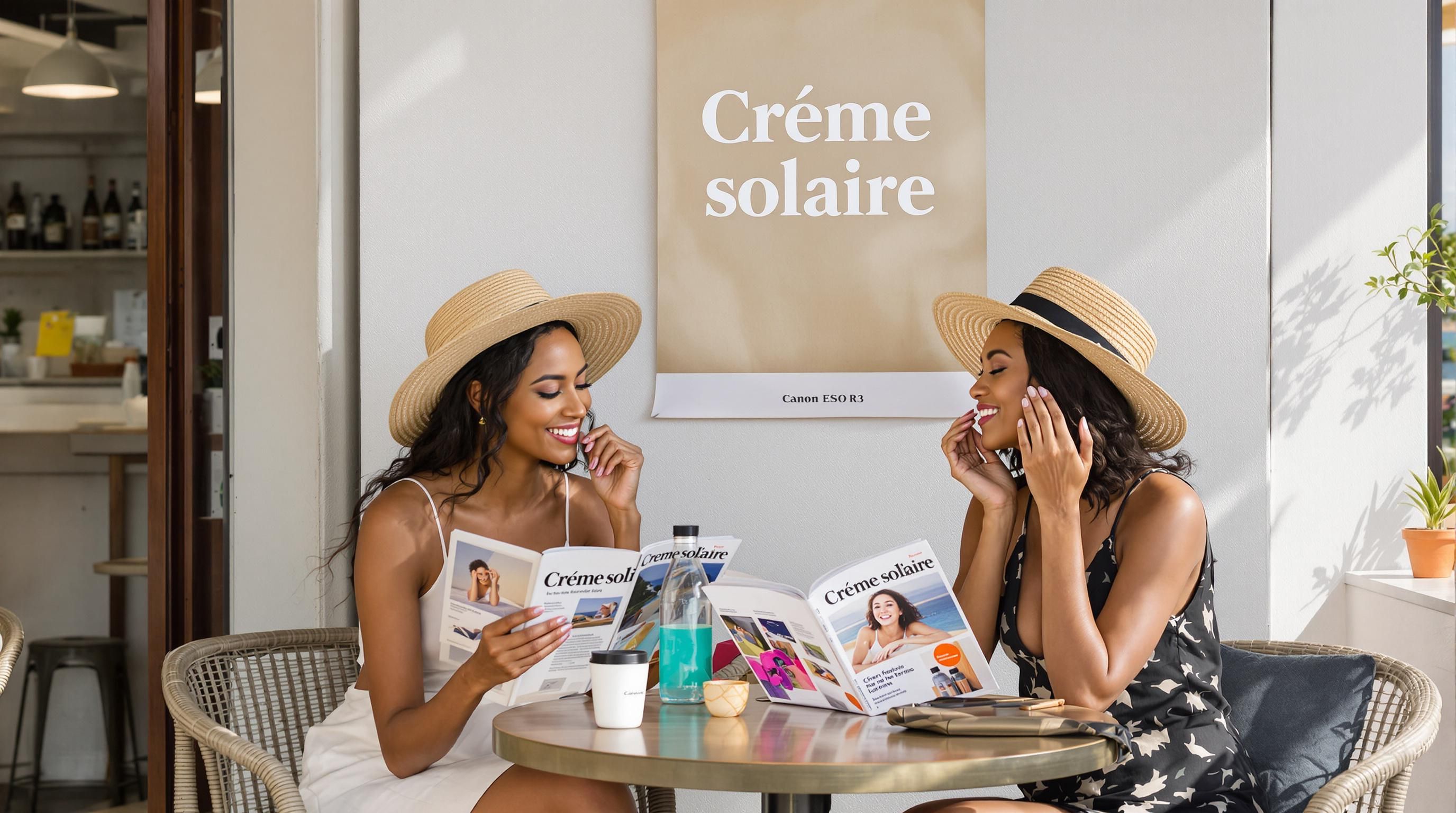 Women at beach café applying eco-friendly sunscreen, poster reads 'Crème solaire'.