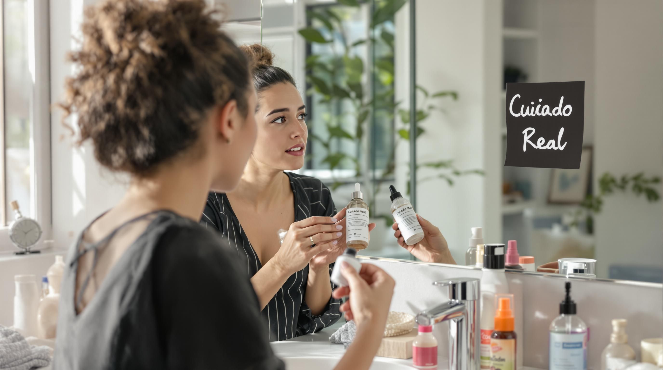 Woman examining cosmetics for toxic ingredients in a realistic bathroom setting