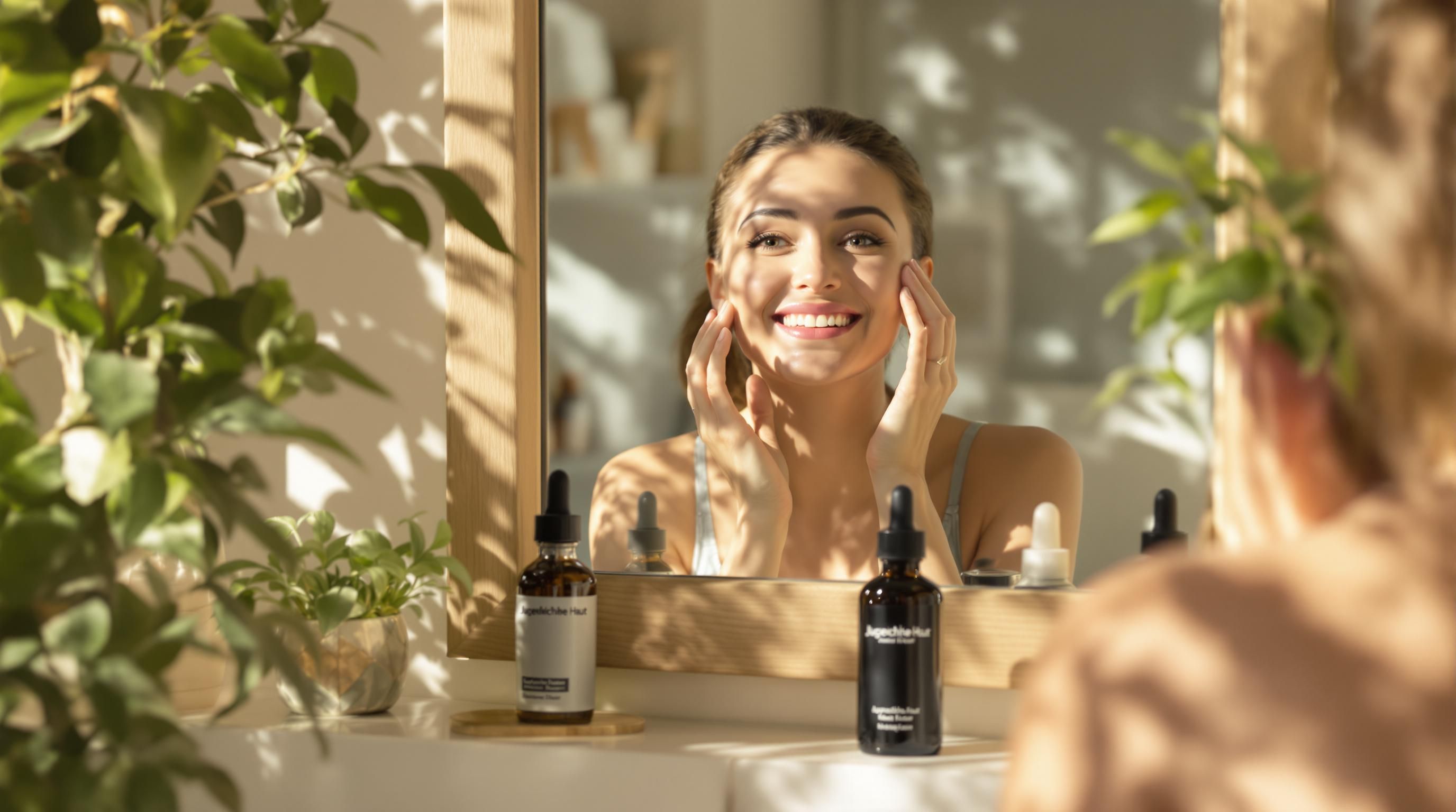 Persona aplicando suero facial natural en un baño luminoso, enfocándose en el cuidado anti-envejecimiento