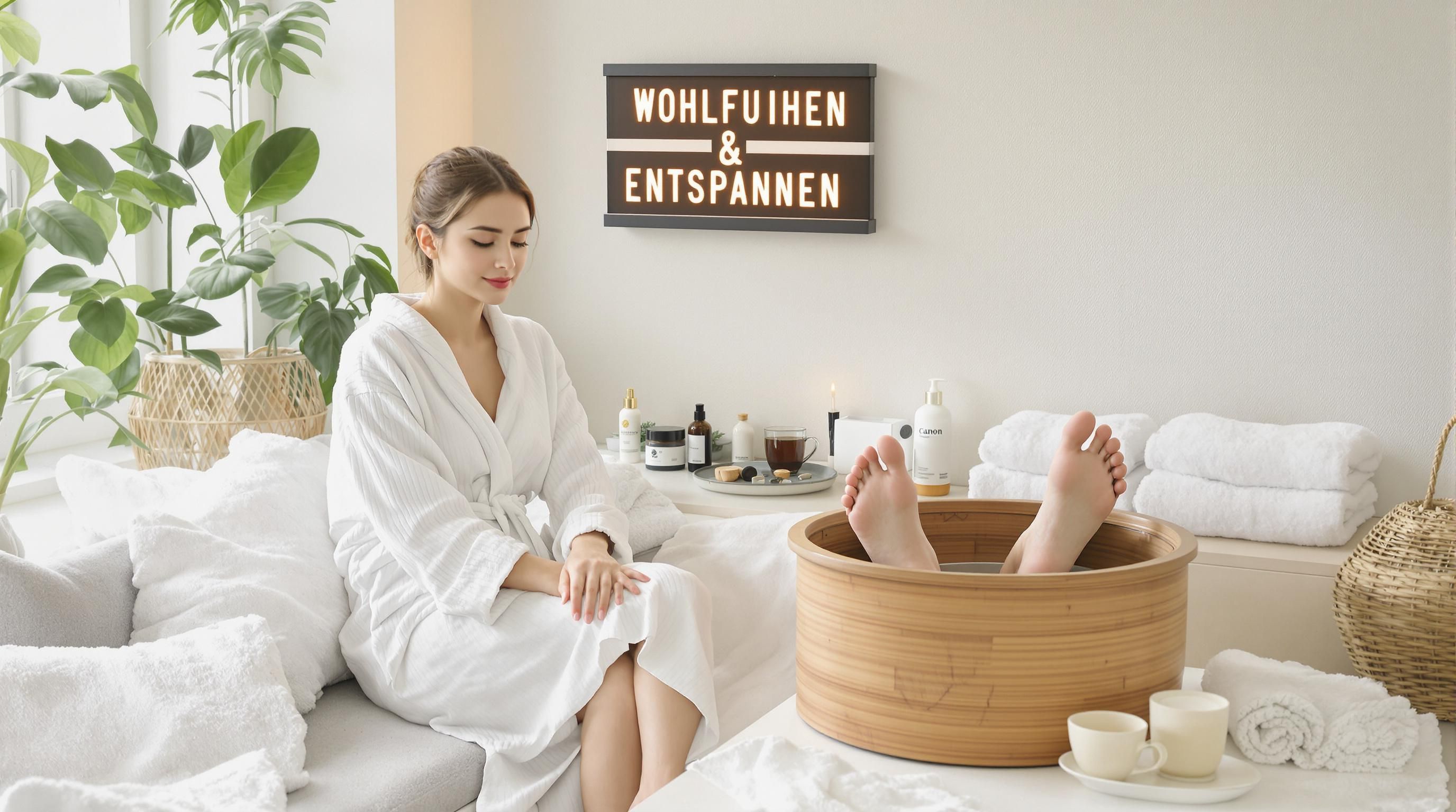 Mujer relajándose en un spa en casa con productos de bienestar y un entorno tranquilo
