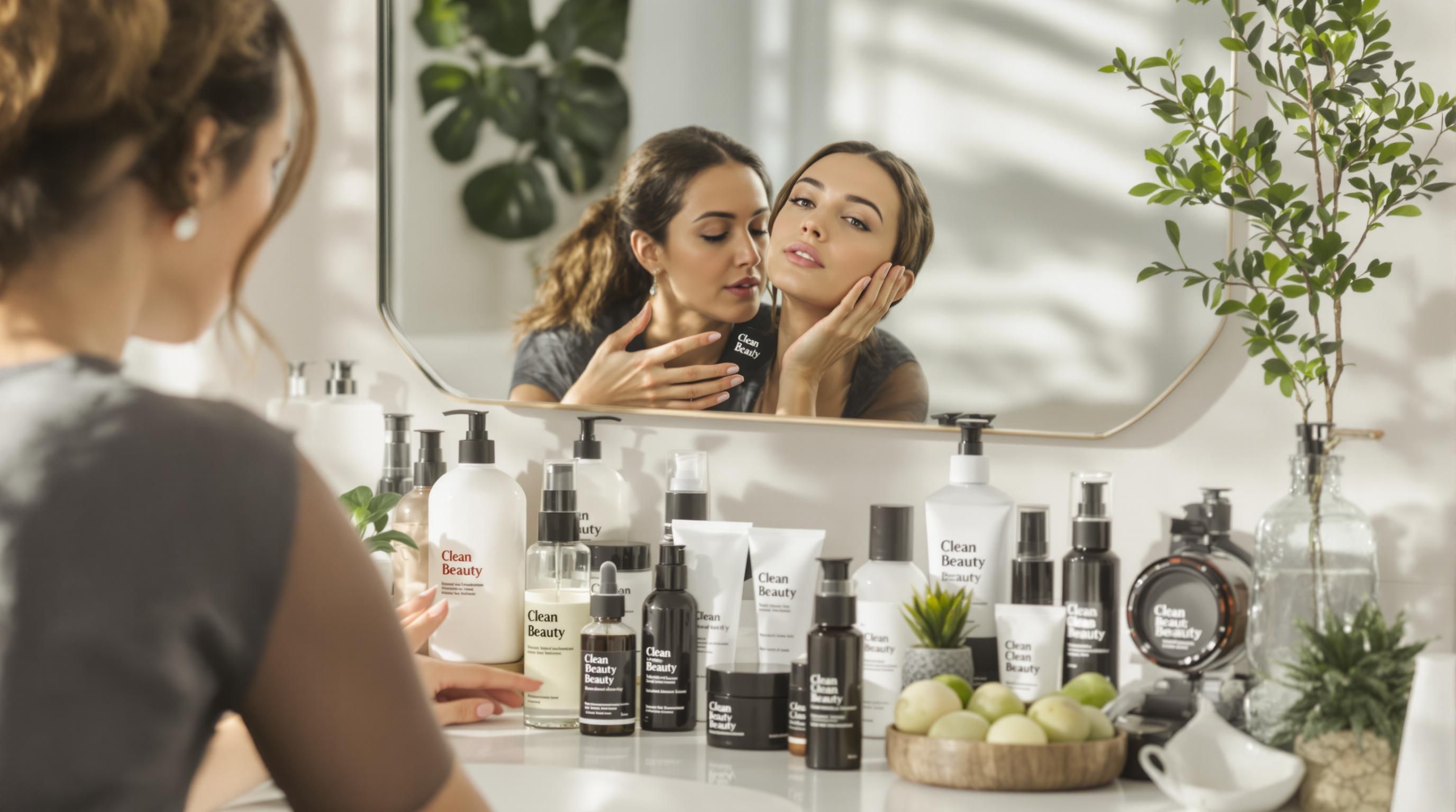 Woman reading skincare label on clean beauty products in bright modern bathroom