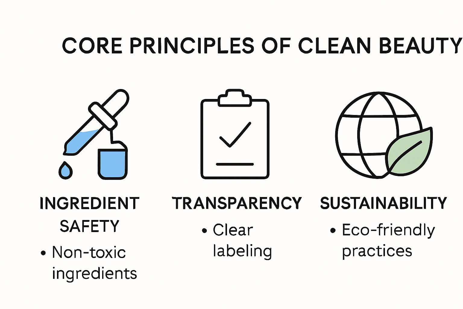Infographic showing clean beauty core principles and key elements