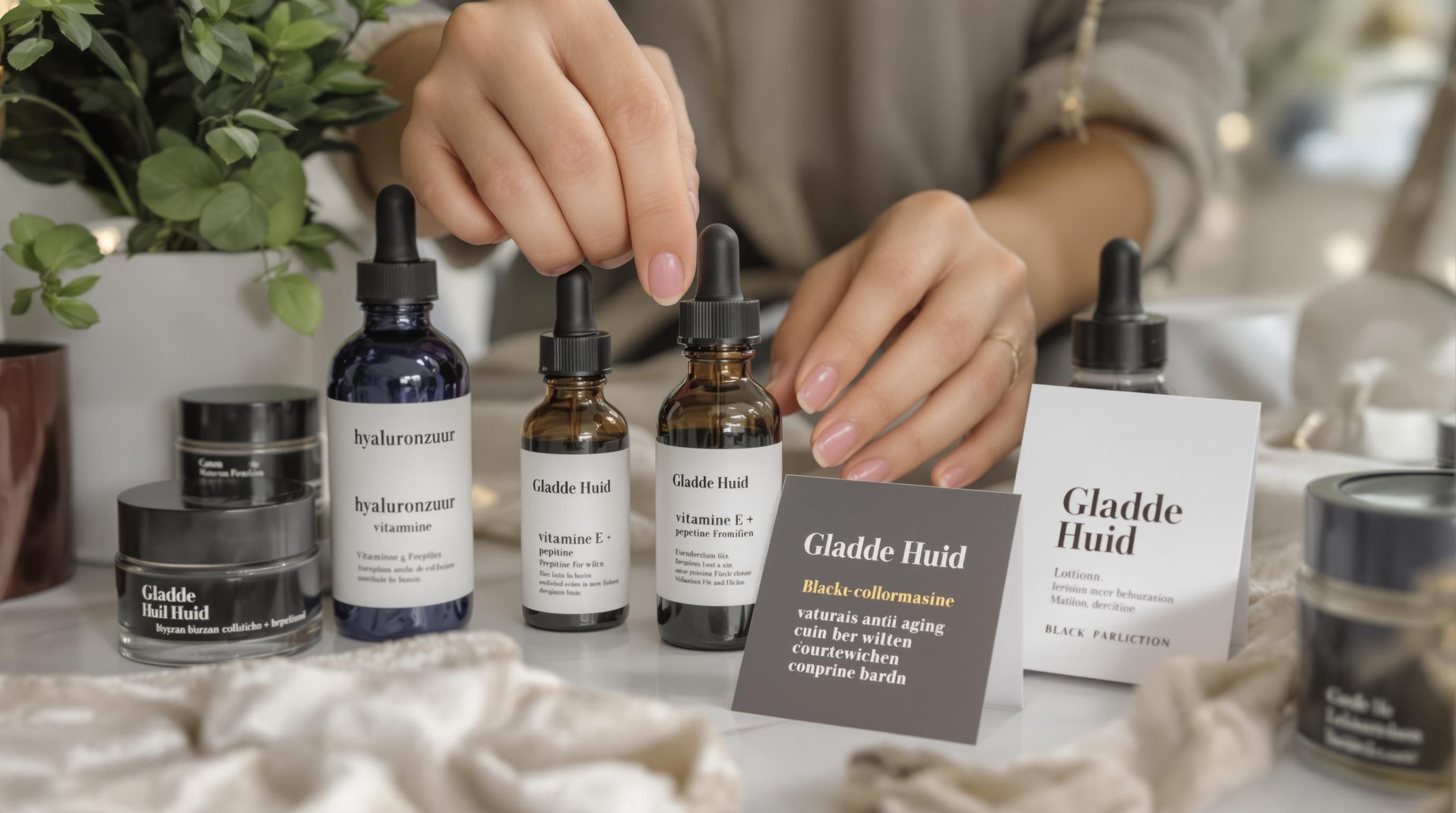 Hands choosing hyaluronic acid bottle on vanity with other anti-aging products nearby