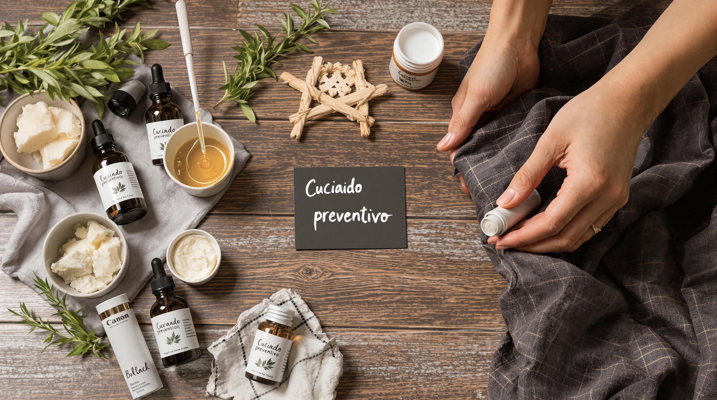 Manos aplicando aceite en el cuero cabelludo con productos naturales de cuidado y cartel de 'Cuidado preventivo'