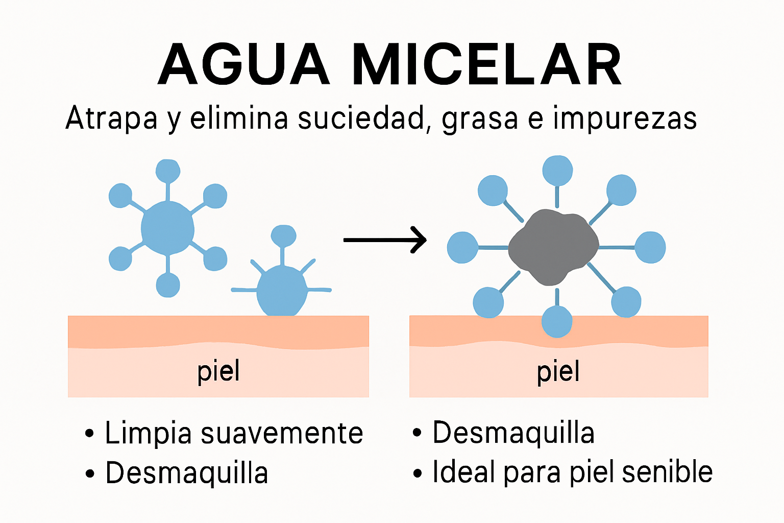 Infografía que muestra cómo las micelas limpian la piel y sus beneficios clave