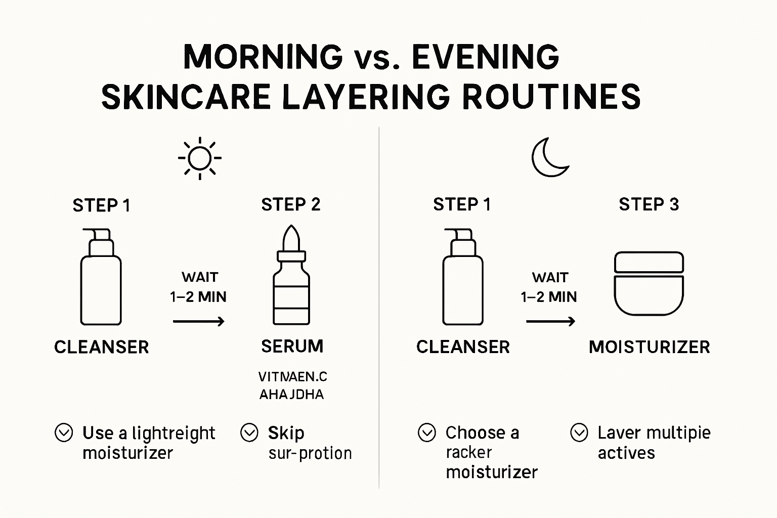 Infographic showing morning versus evening skincare layering steps