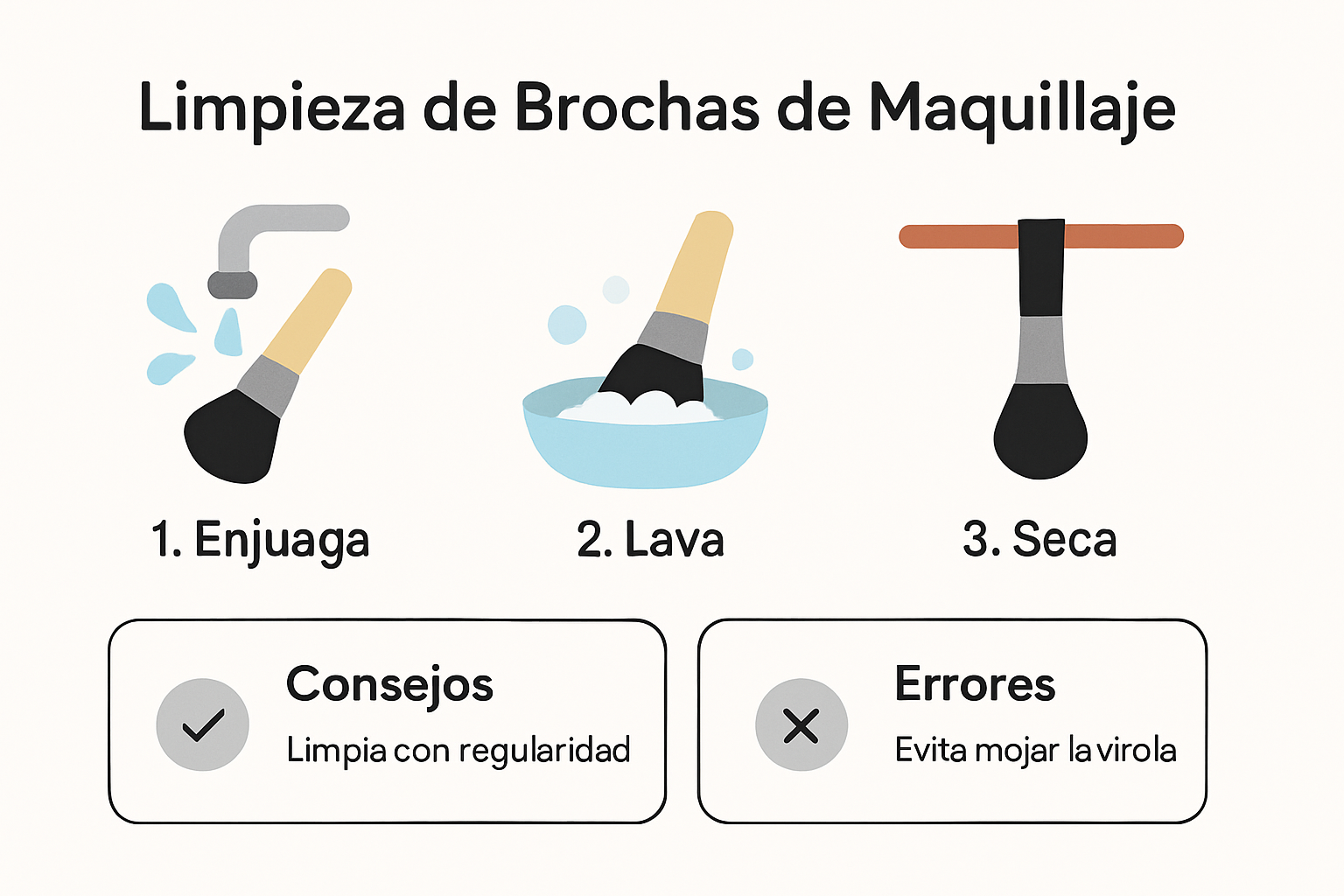 Infografía del proceso de limpieza de brochas de maquillaje paso a paso