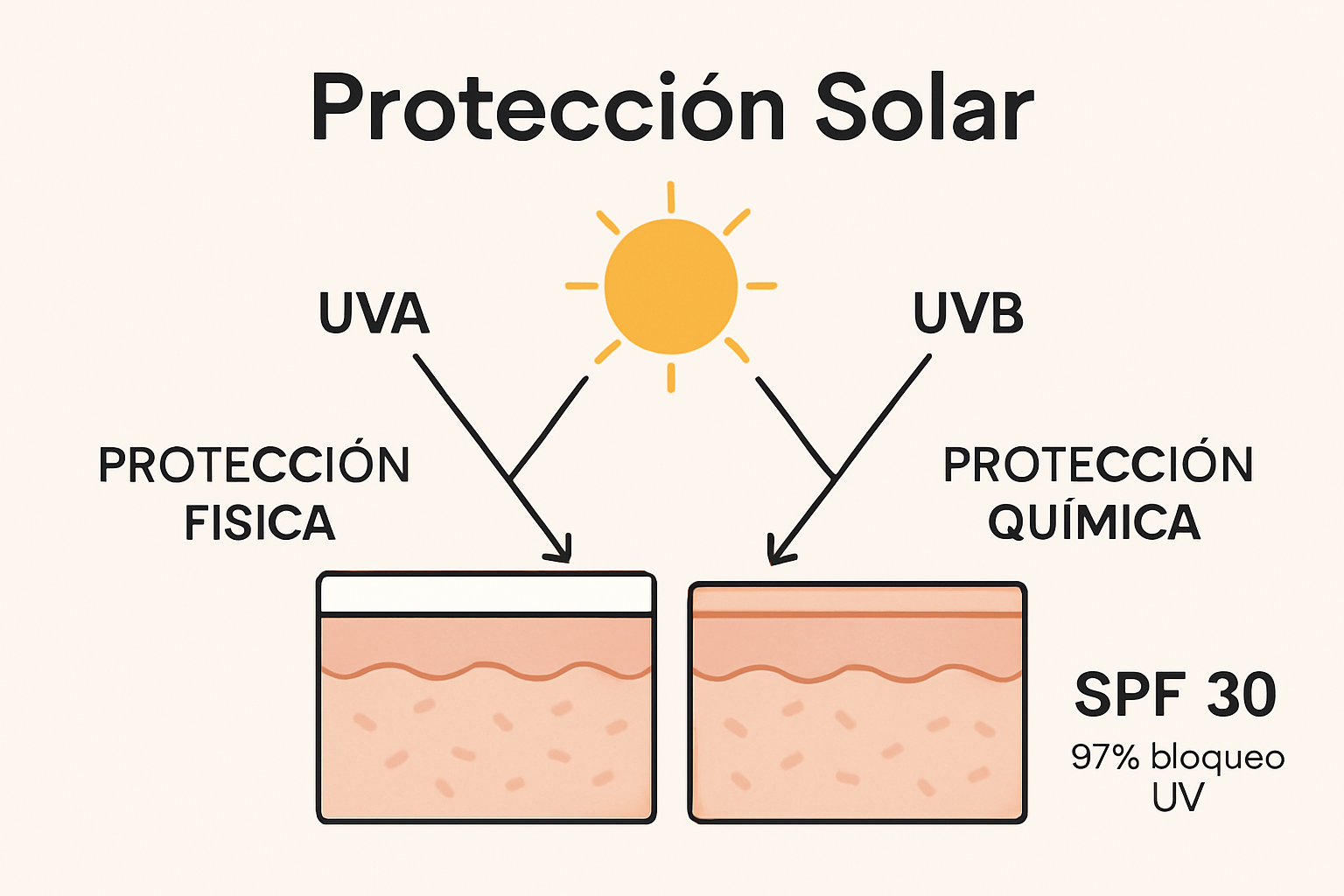 Infografía: mecanismos de protección solar SPF físico y químico