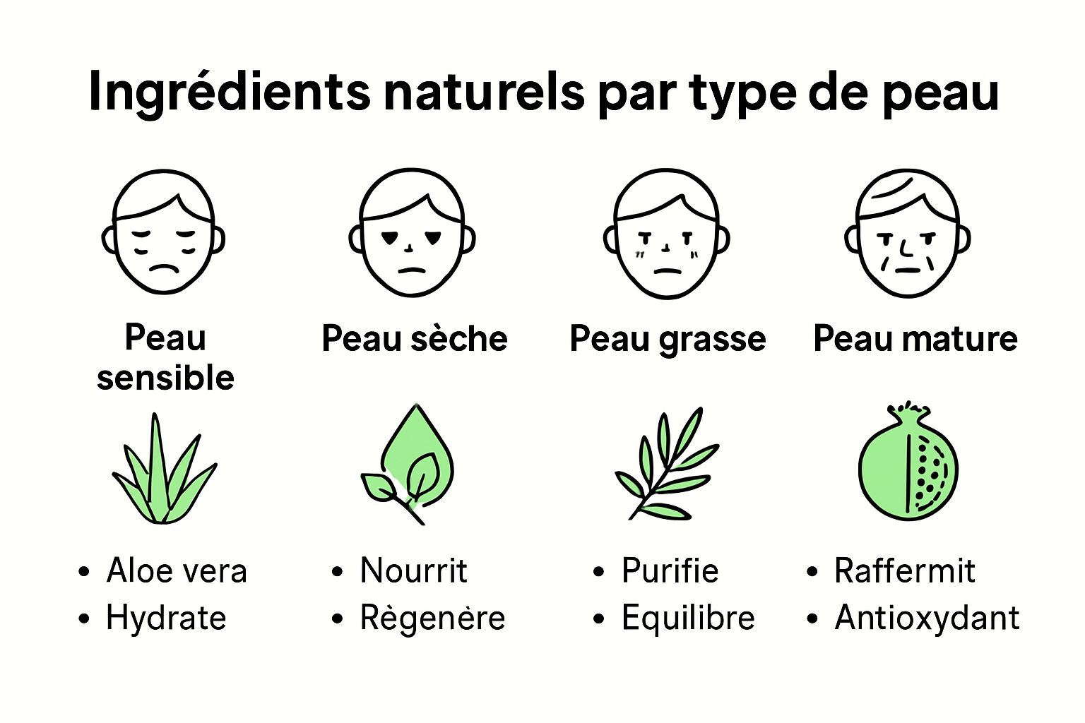 Infographic showing natural skincare ingredients and their benefits by skin type