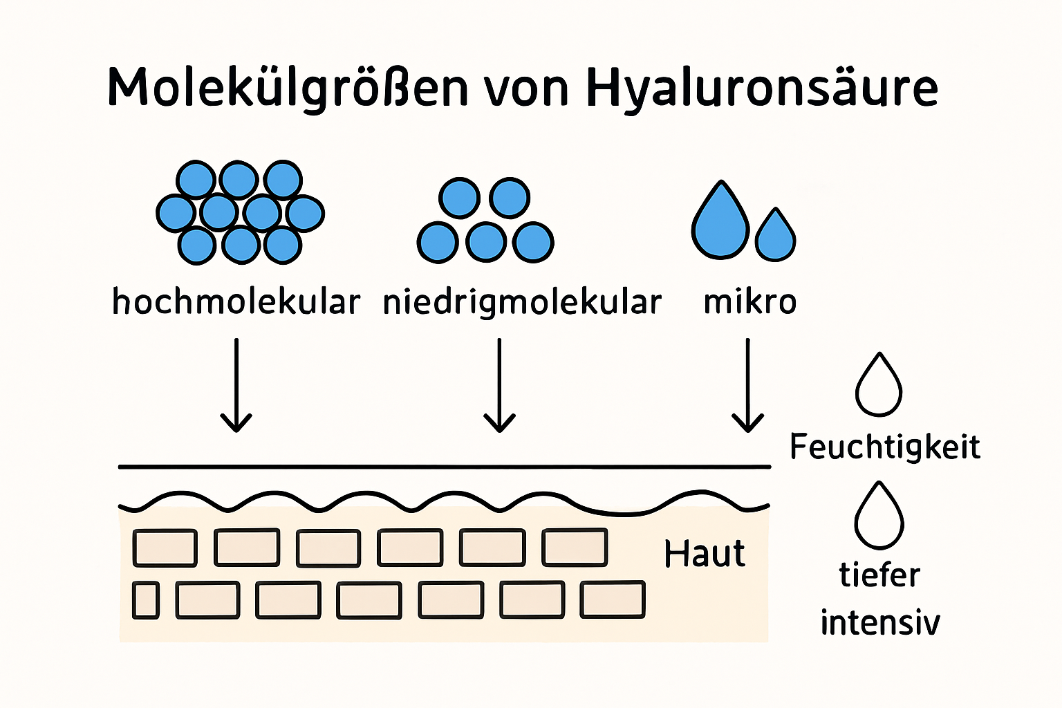 Infografiikka: Hyaluronihappomolekyylien koot ja ihokerrokset