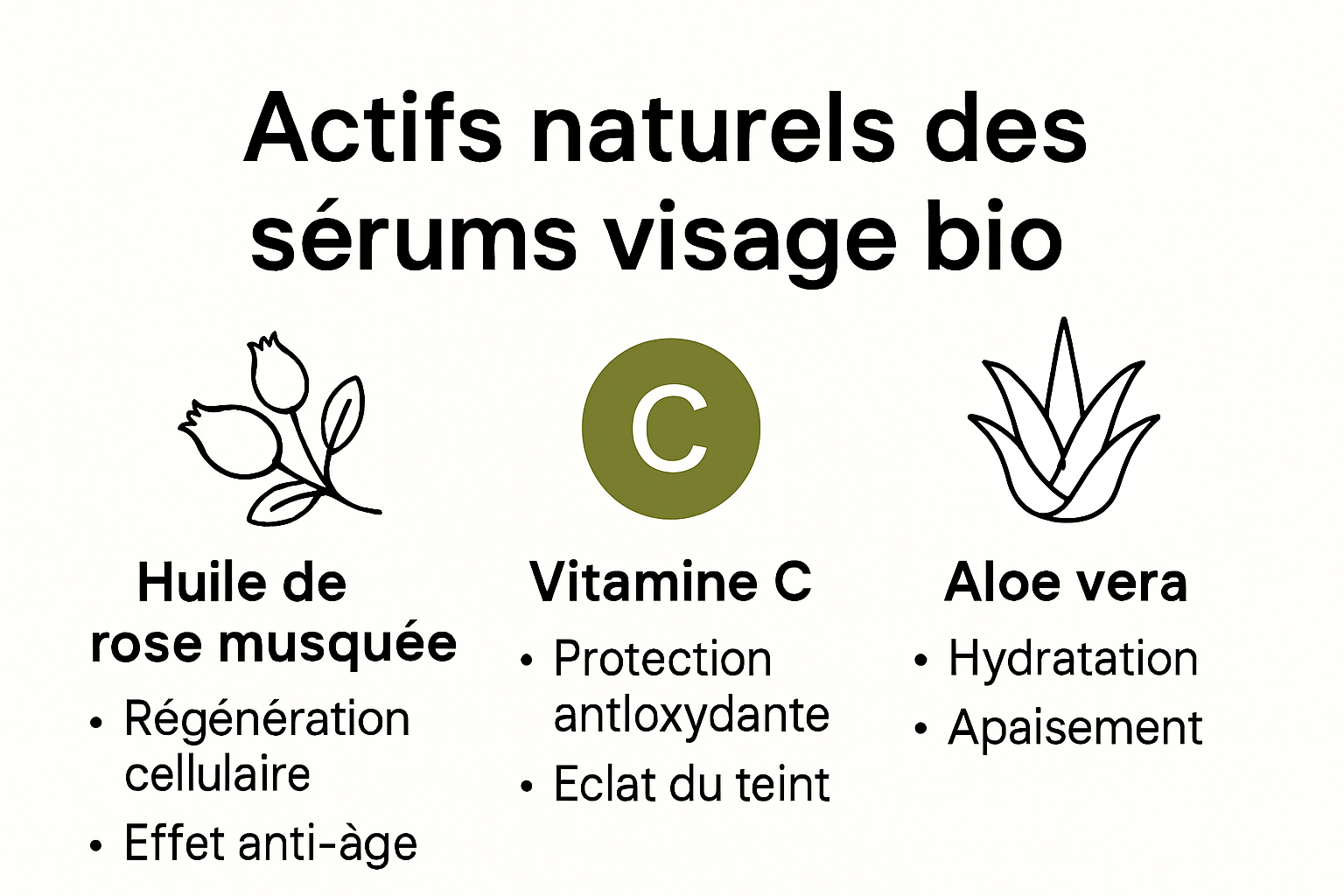 Infographic showing natural ingredients and benefits of serum visage bio