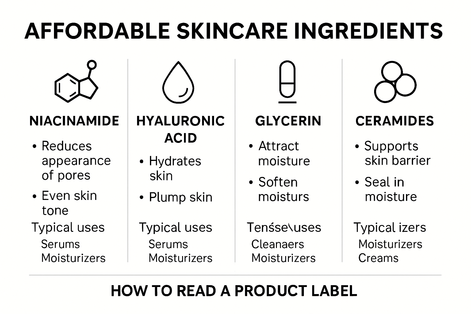 Infographic comparing budget skincare ingredients and uses