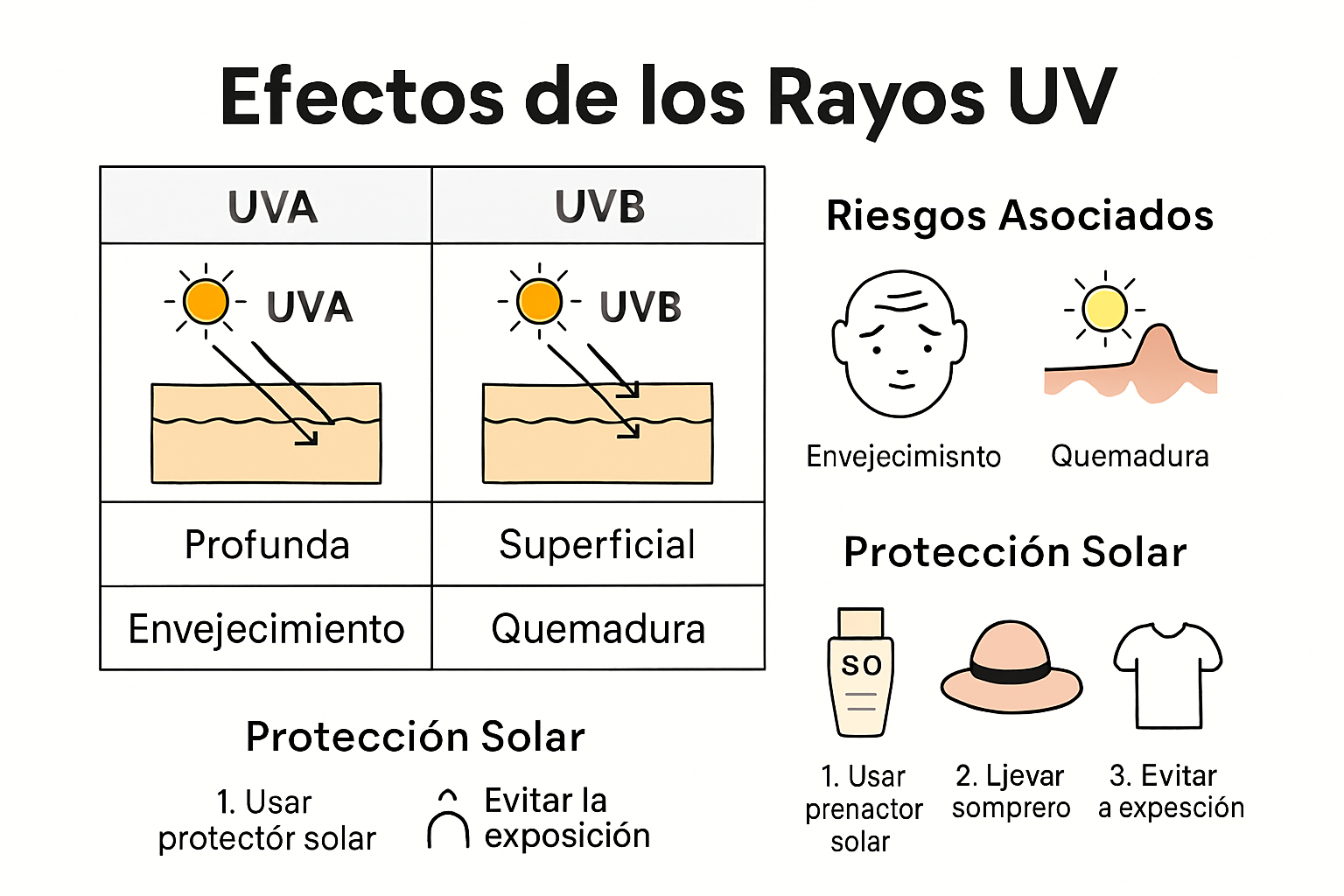 Infografía comparativa de efectos UVA y UVB en piel