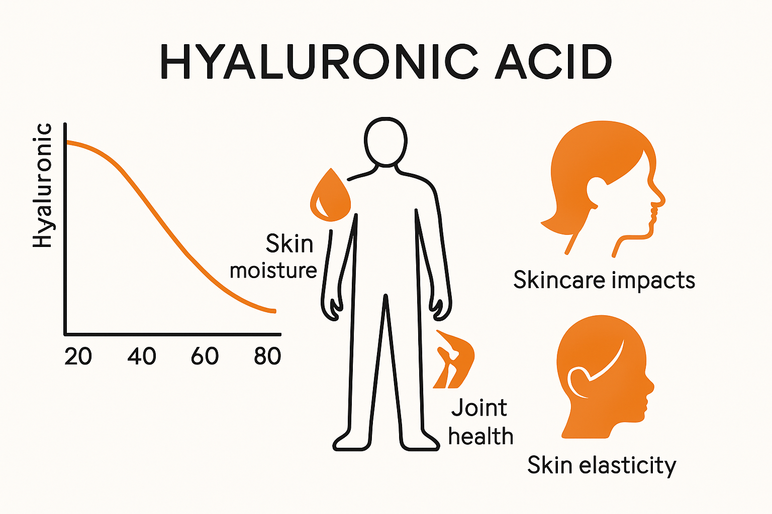 Infographic showing hyaluronic acid decline with age and skin effects
