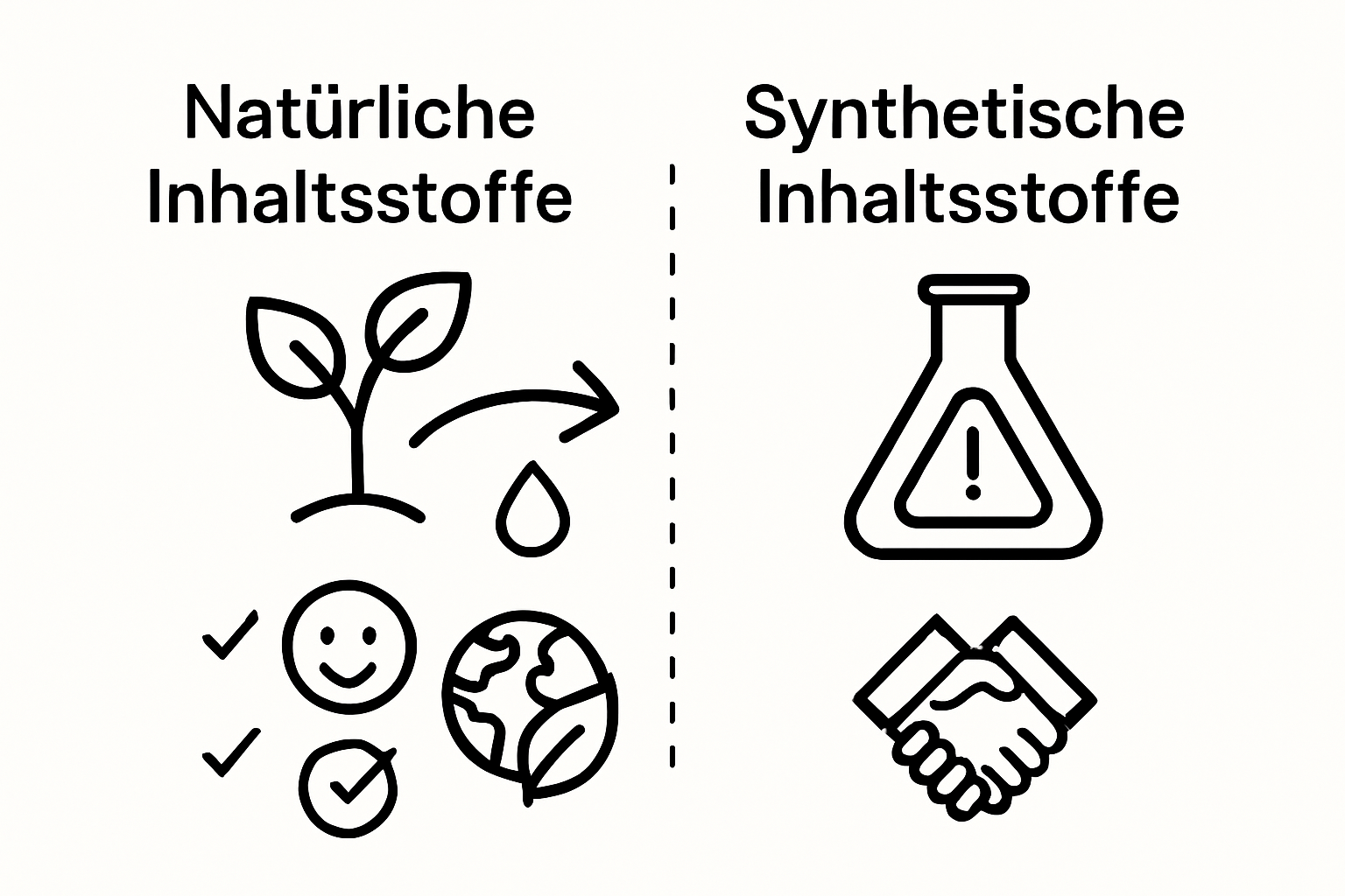Infographic comparing natural vs. synthetic cosmetic ingredients with icons for health, environment, and ethics.