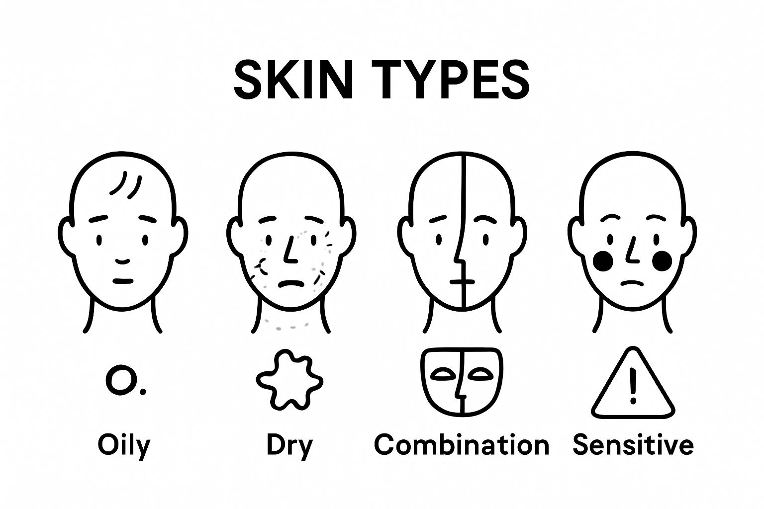 Infographic visually compares oily, dry, combination, and sensitive skin types with associated common issues.