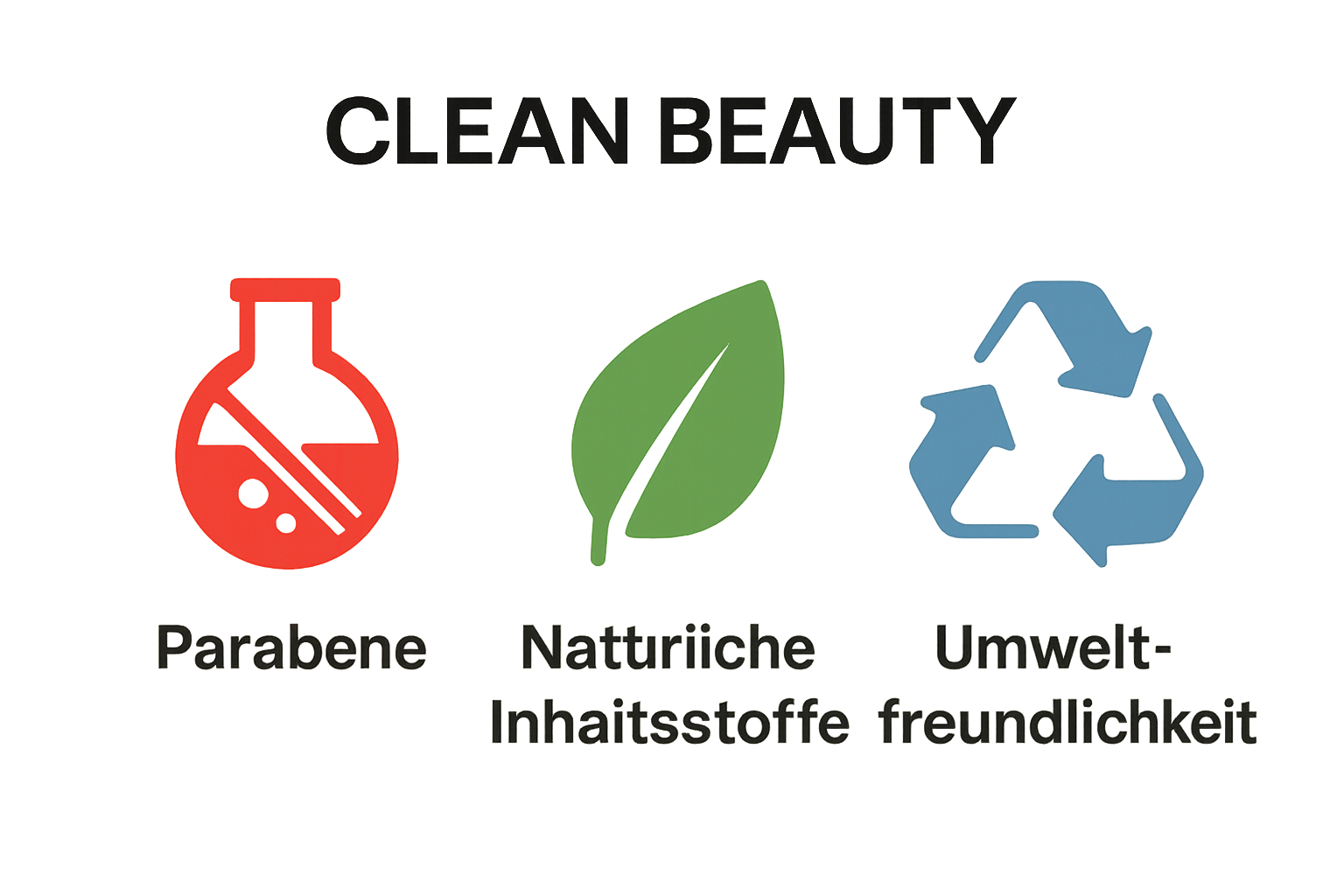 Drei Symbole zeigen Clean Beauty Prinzipien: Chemikalienverzicht, natürliche Zutaten, nachhaltige Verpackung.