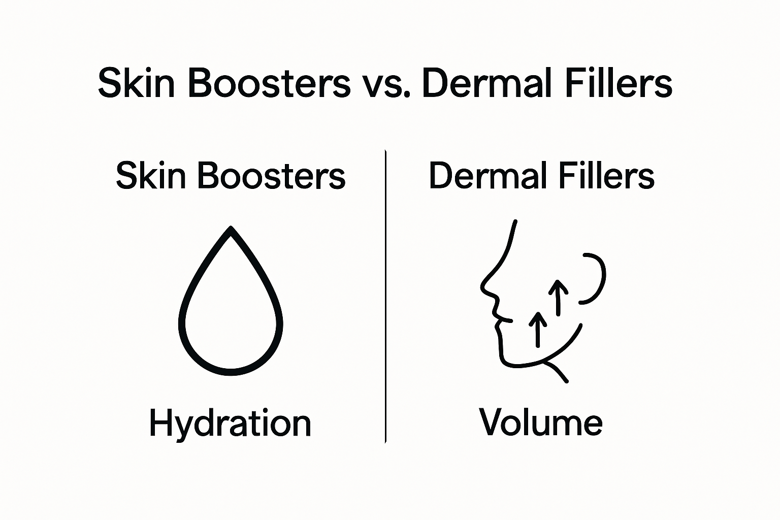 Infographic comparing skin boosters and dermal fillers by core effect and purpose.