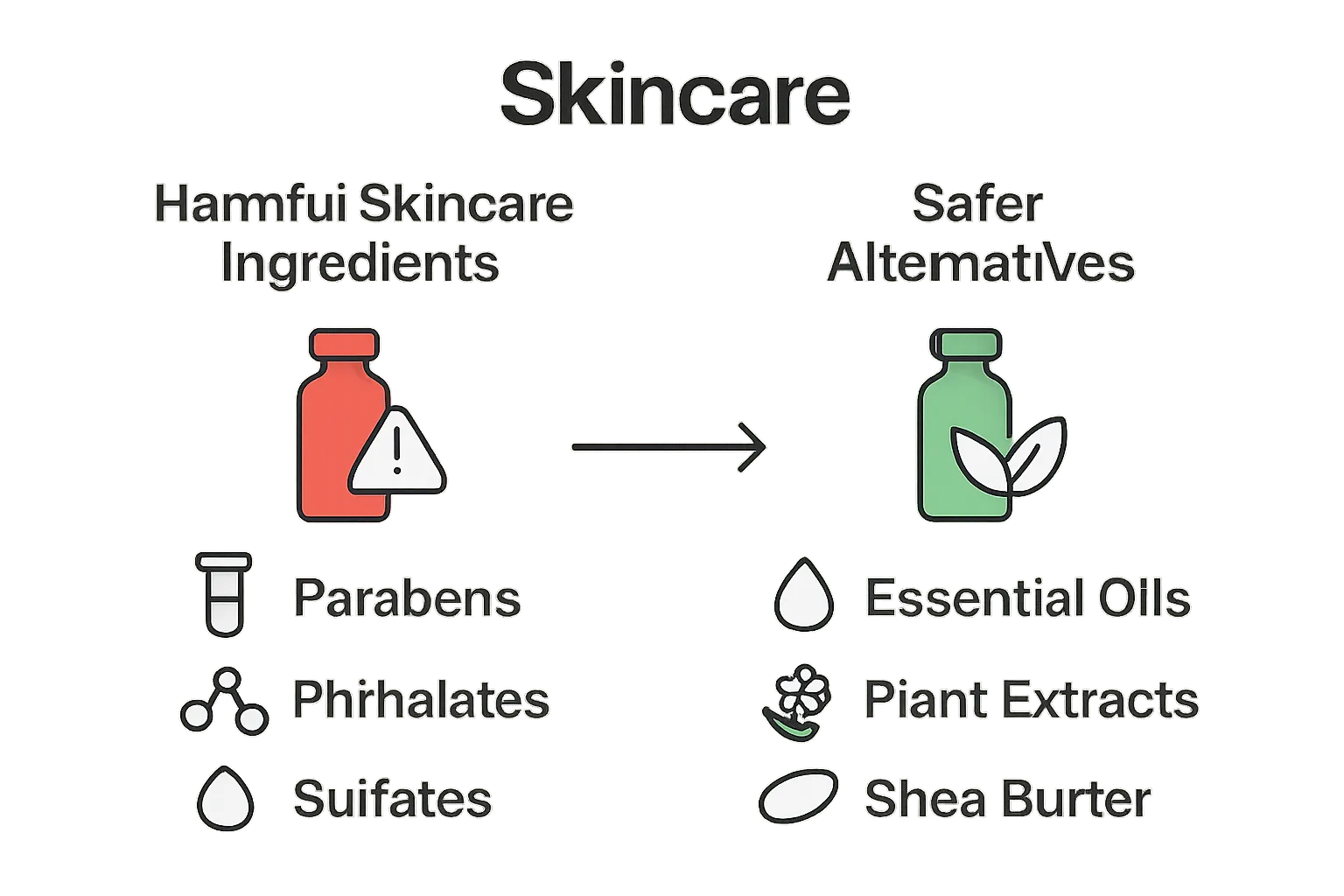 Comparison of harmful vs safer skincare ingredients with simple icons