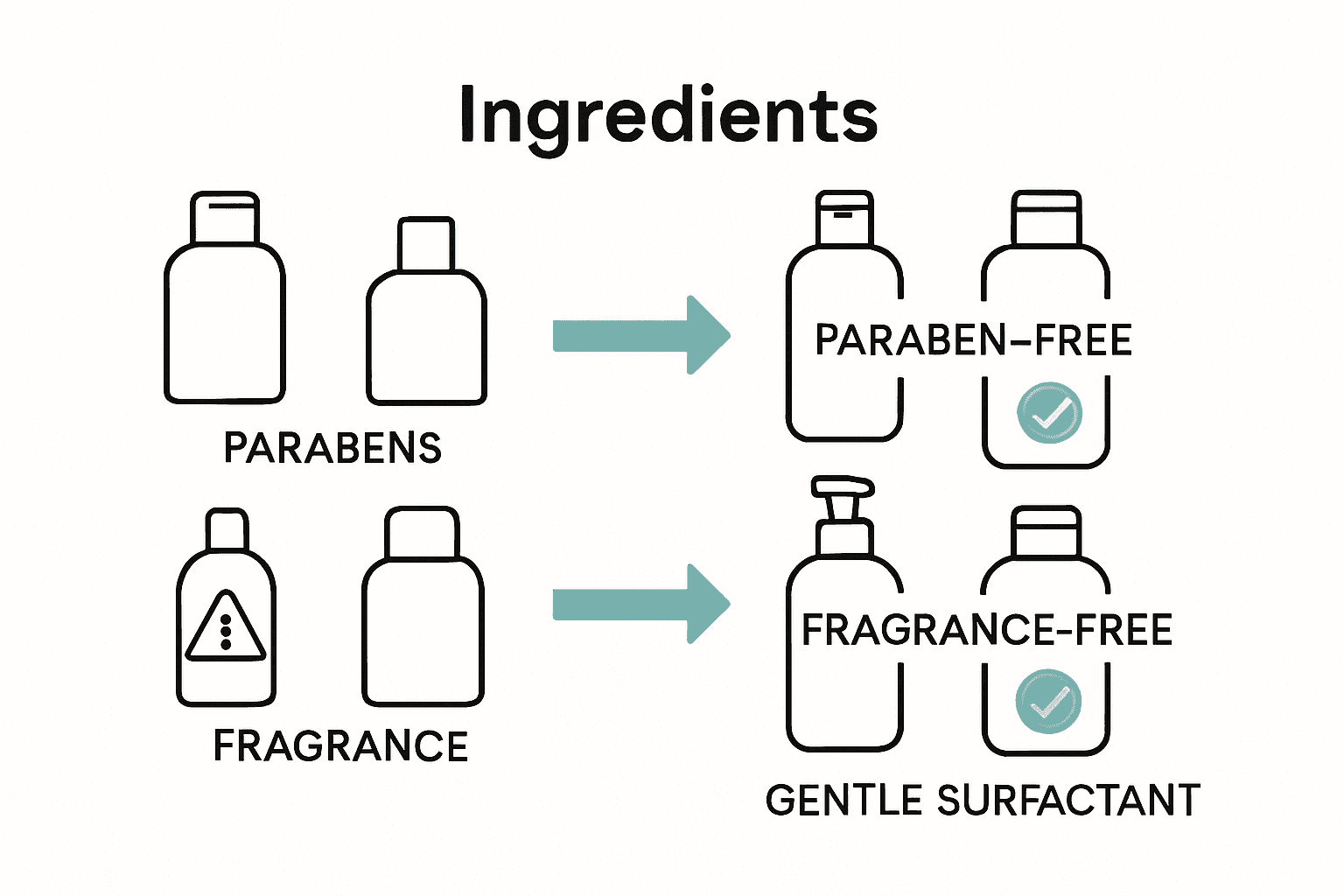 Infographic comparing common skincare irritants to safer alternatives using icons and arrows.