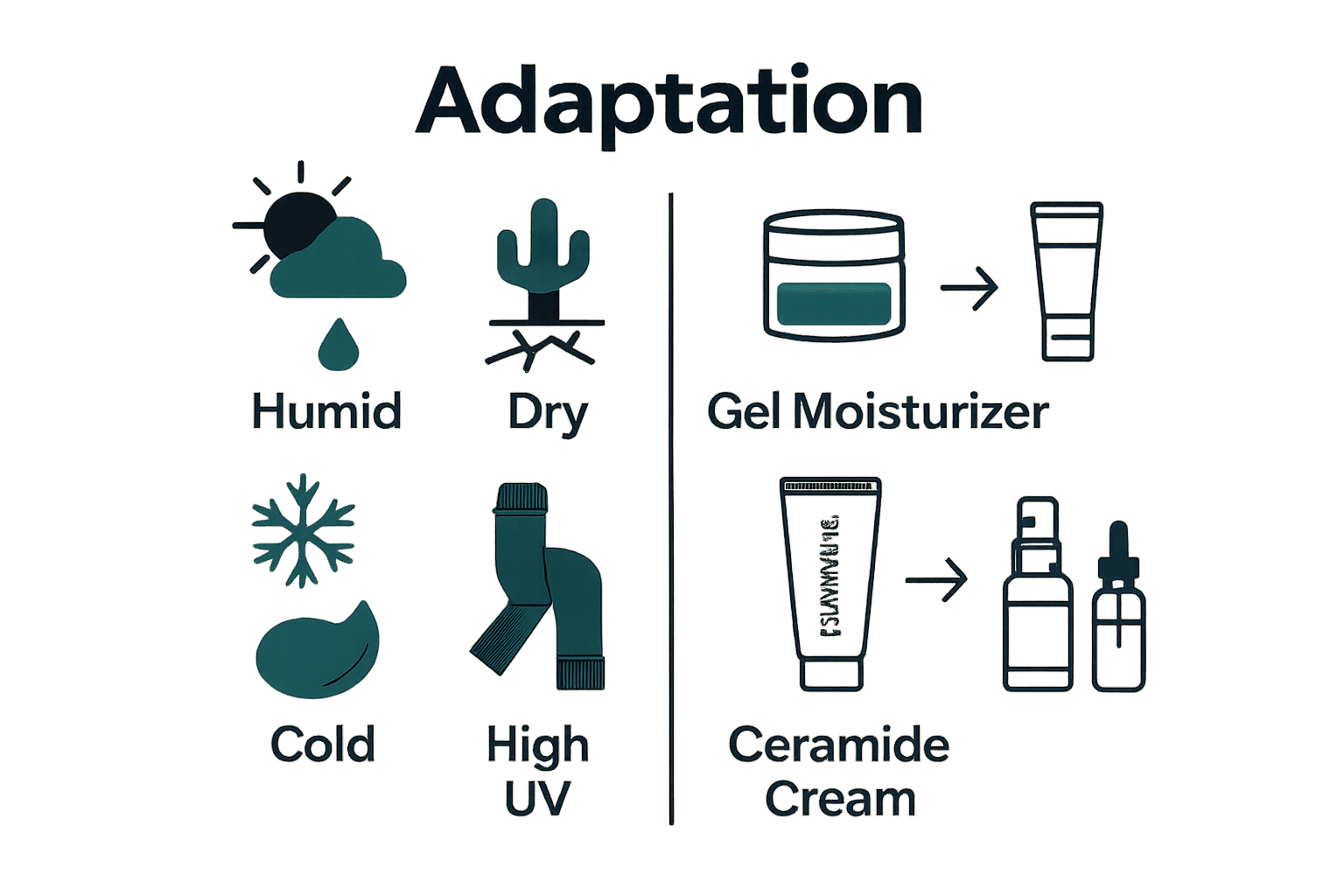 Infographic showing climate icons paired with skincare products for each environment.