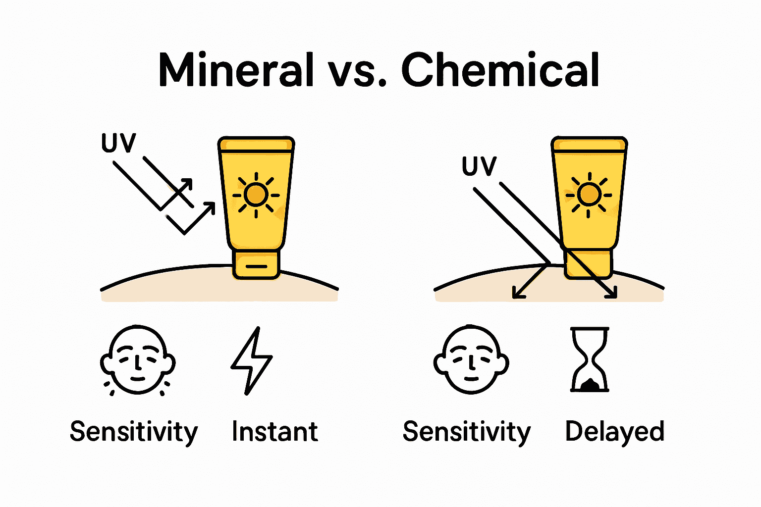 Side-by-side infographic comparing mineral and chemical sunscreens: UV rays, skin sensitivity, environmental impact.
