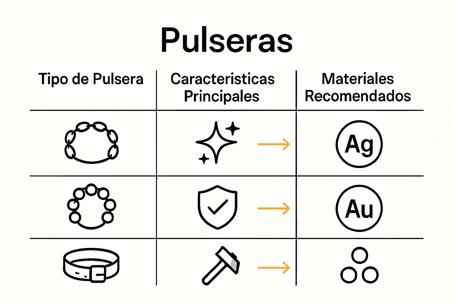 Infografía comparativa de tipos de pulseras y materiales.
