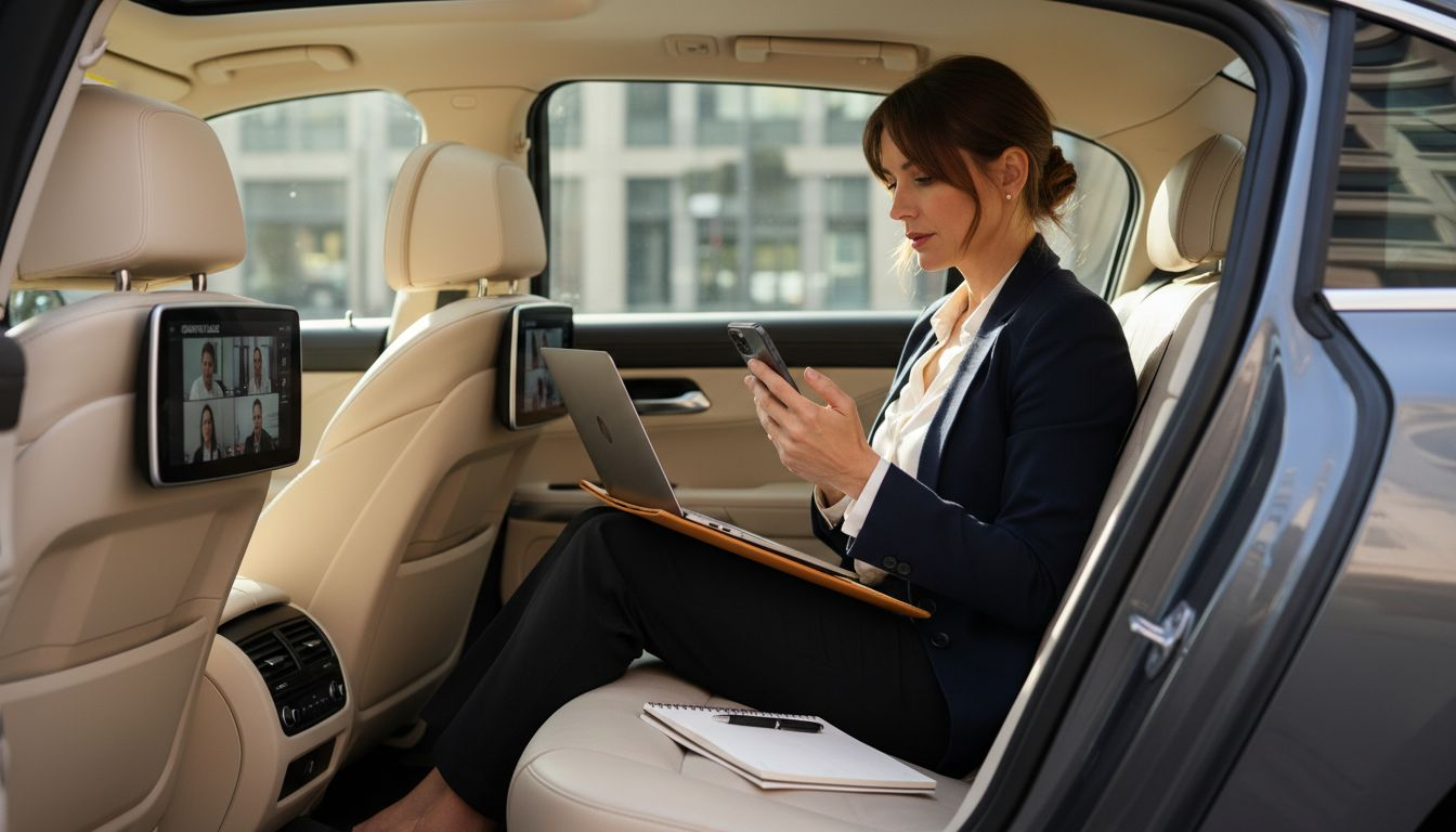 Businesswoman using laptop in executive car