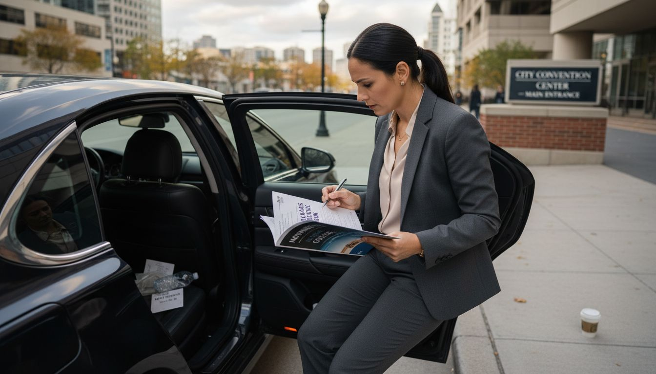 Businesswoman choosing chauffeur vehicle outside conference