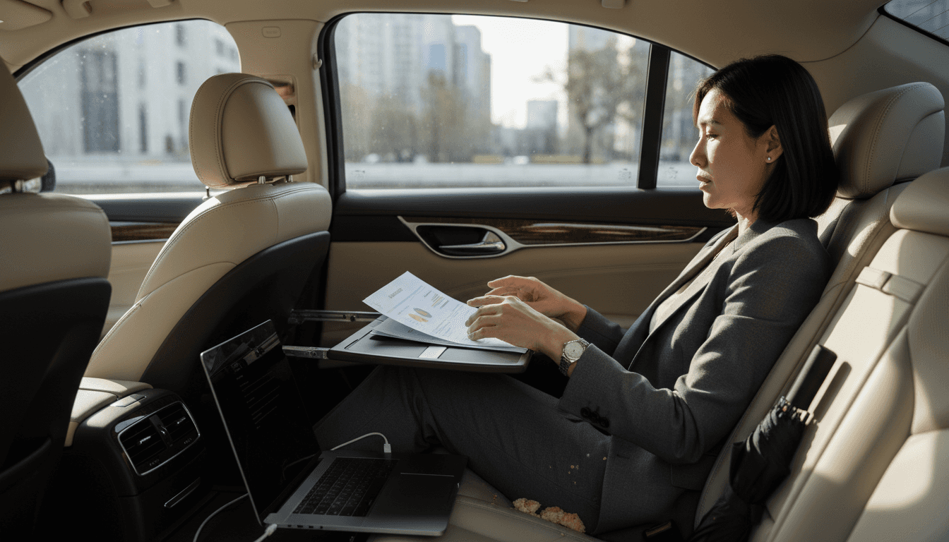 Executive car interior with passenger working