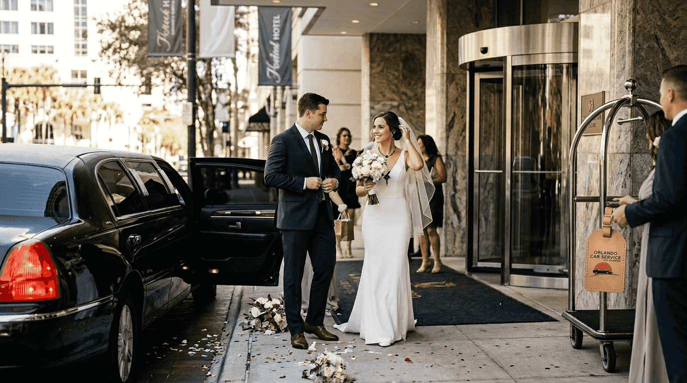 Bride and groom arriving in Orlando limo