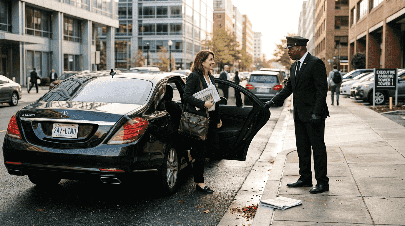 Chauffeur opening car door for businesswoman