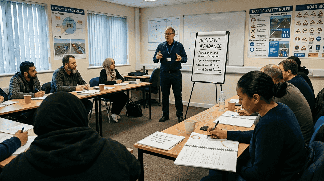 Chauffeur trainees in driving safety class