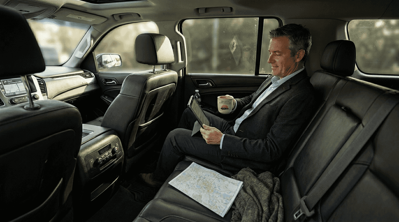 Executive relaxing in luxury shuttle SUV