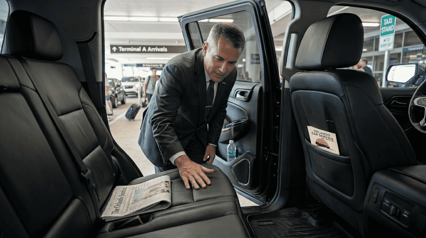 Customer inspecting Orlando chauffeur vehicle