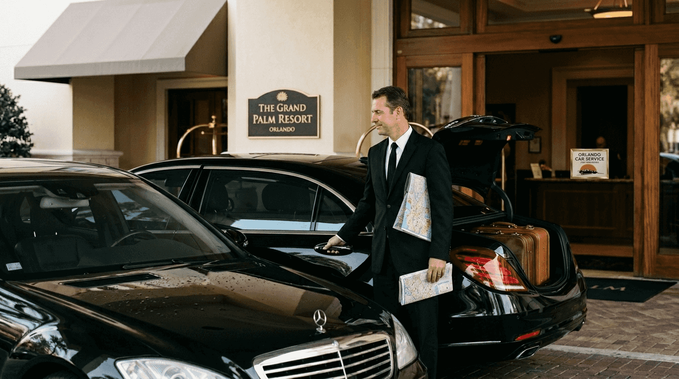Chauffeur opens luxury car at Orlando hotel