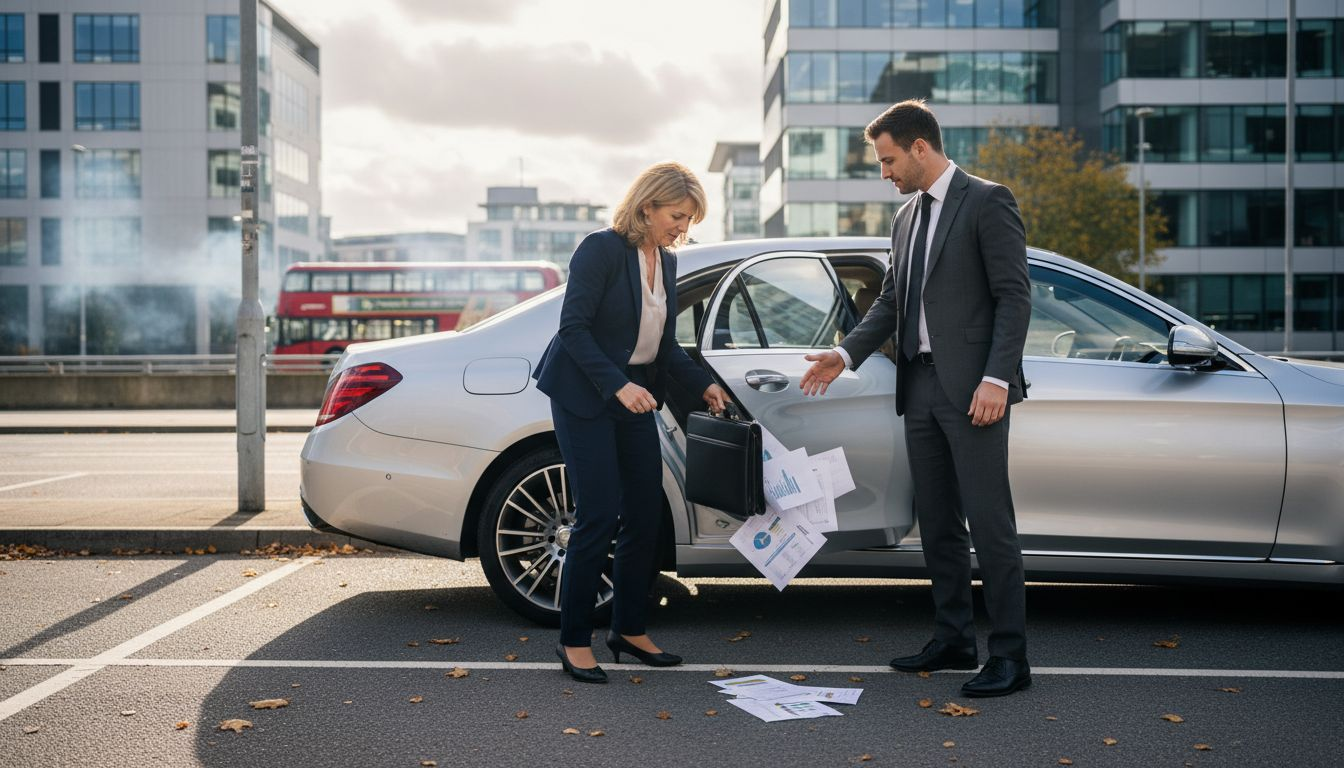 Chauffeur greets executive with car by office
