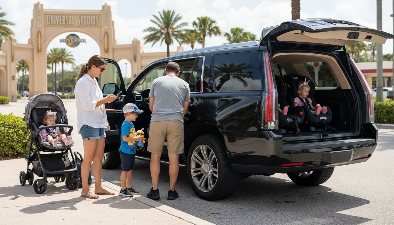 Family loading Escalade outside Orlando theme park