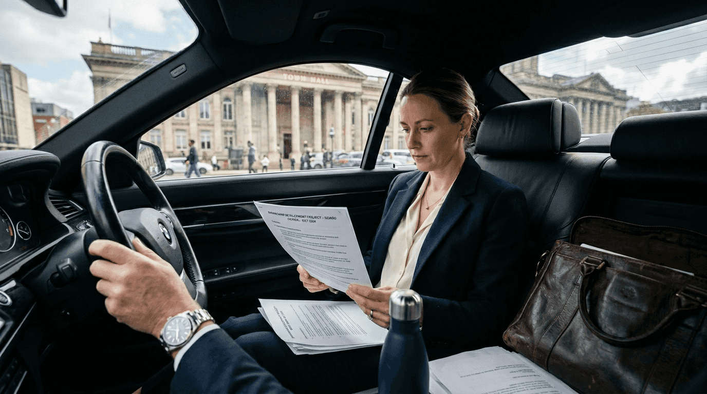 Executive in car reviews notes on city tour