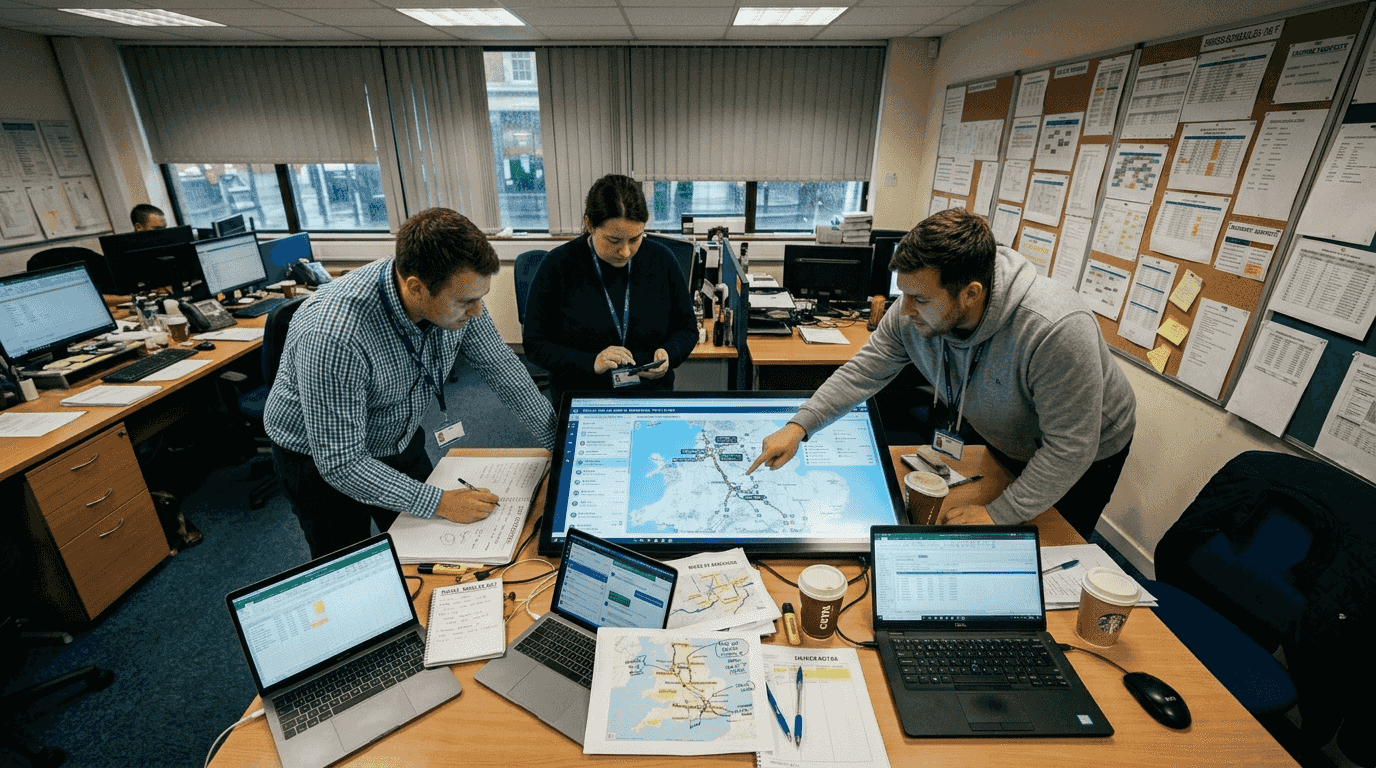 Fleet coordinators reviewing schedule and routes