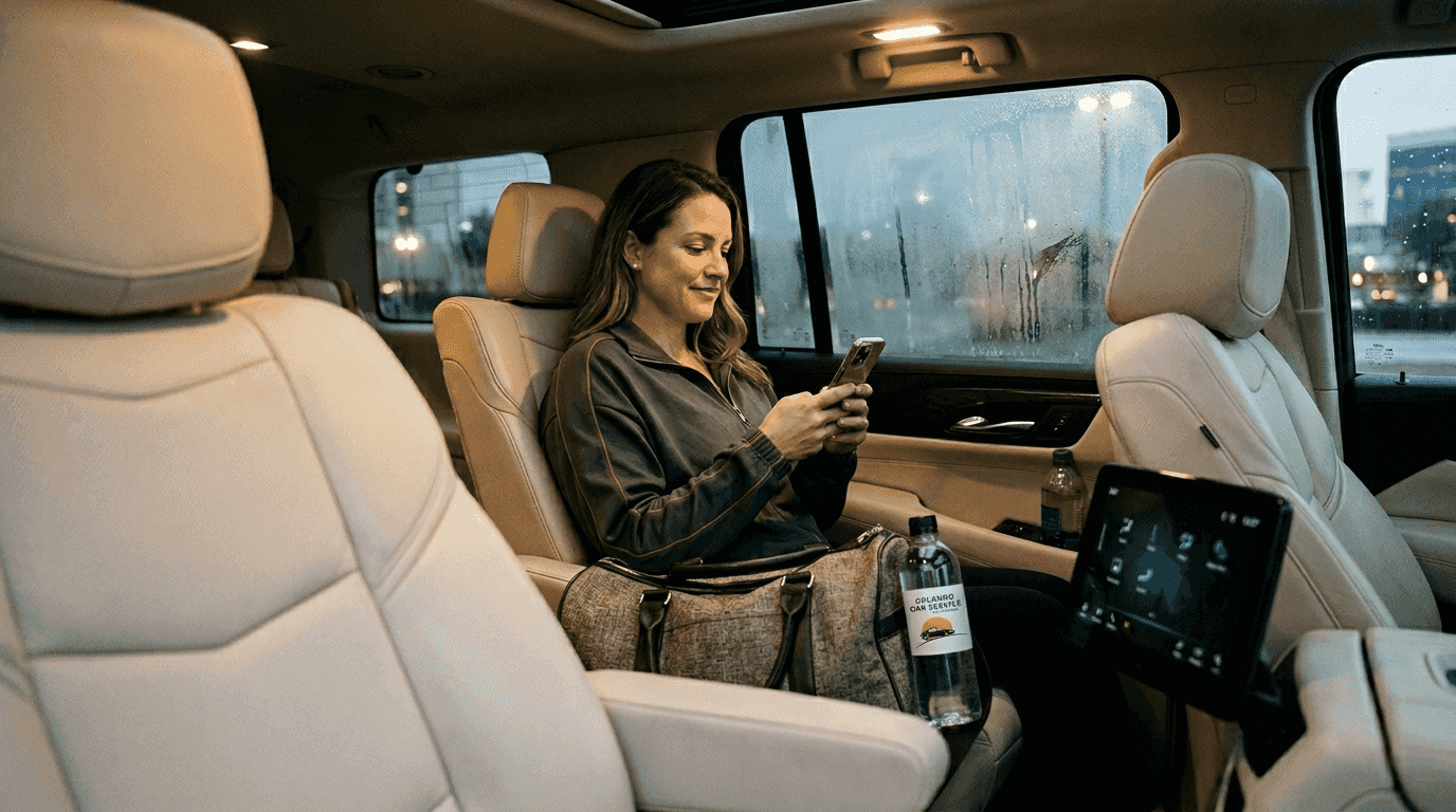 Passenger relaxing in luxury car interior