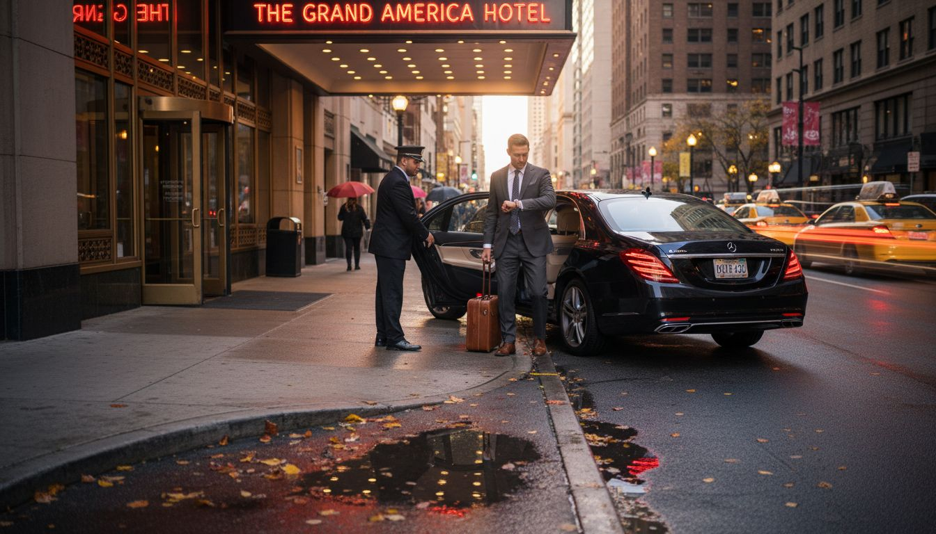 Chauffeur opening car door for executive